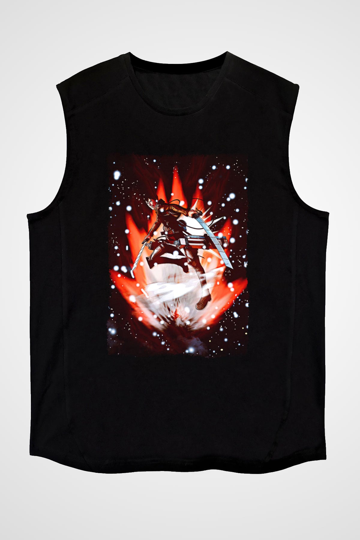 Attack On Titan Baskılı Unisex Siyah Kolsuz Tişört - Tshirt