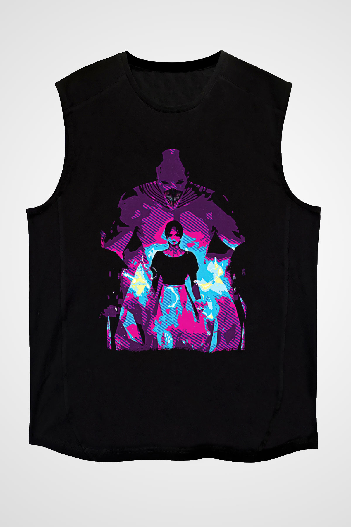 Attack On Titan Baskılı Unisex Siyah Kolsuz Tişört - Tshirt