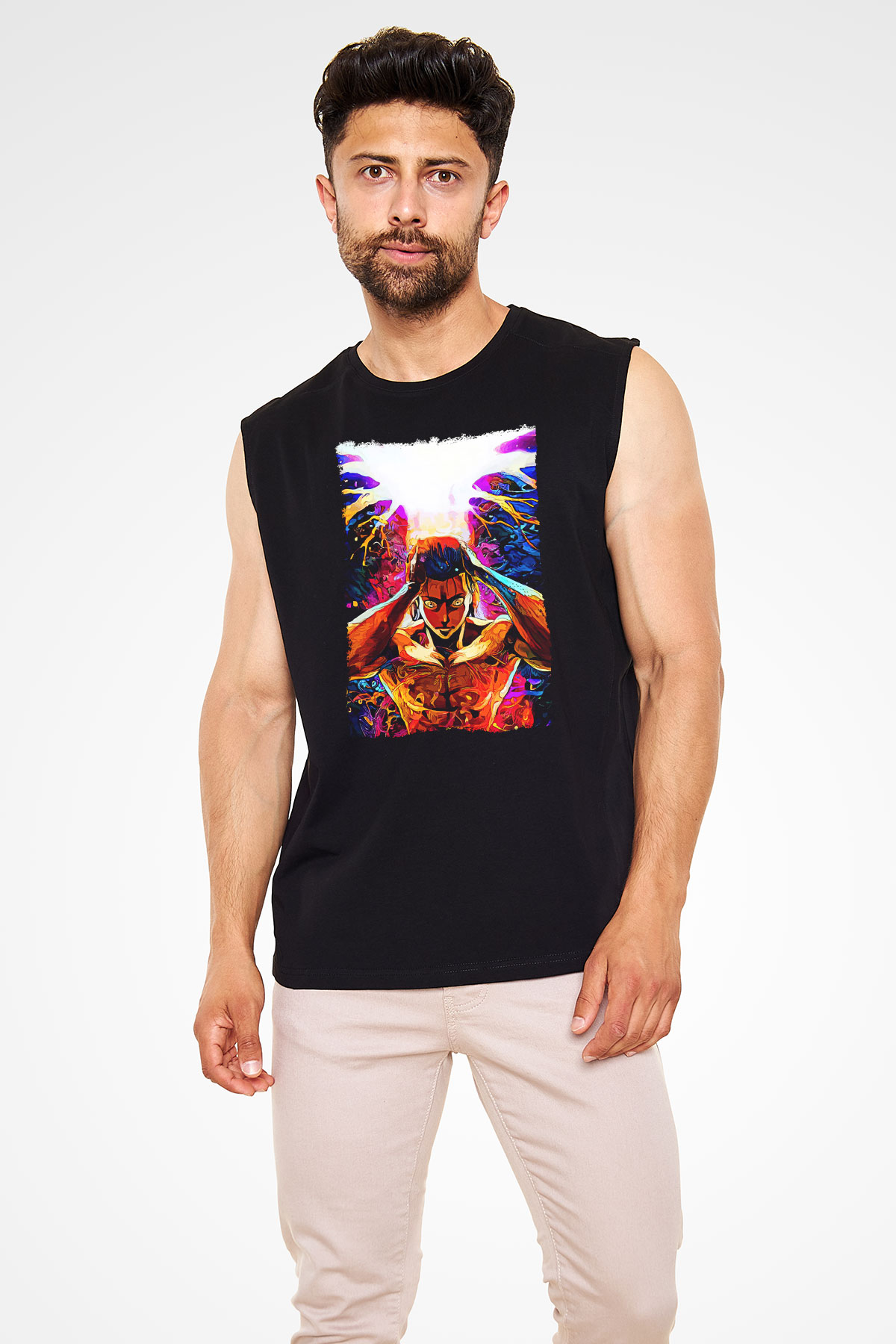 Attack On Titan Baskılı Unisex Siyah Kolsuz Tişört - Tshirt