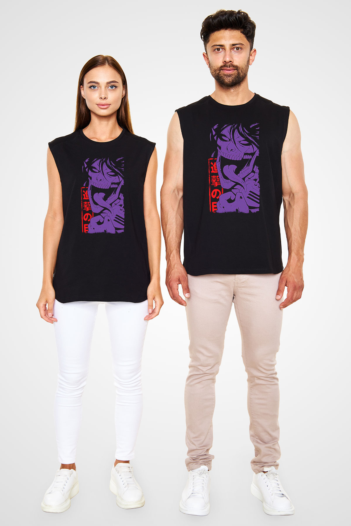 Attack On Titan Baskılı Unisex Siyah Kolsuz Tişört - Tshirt
