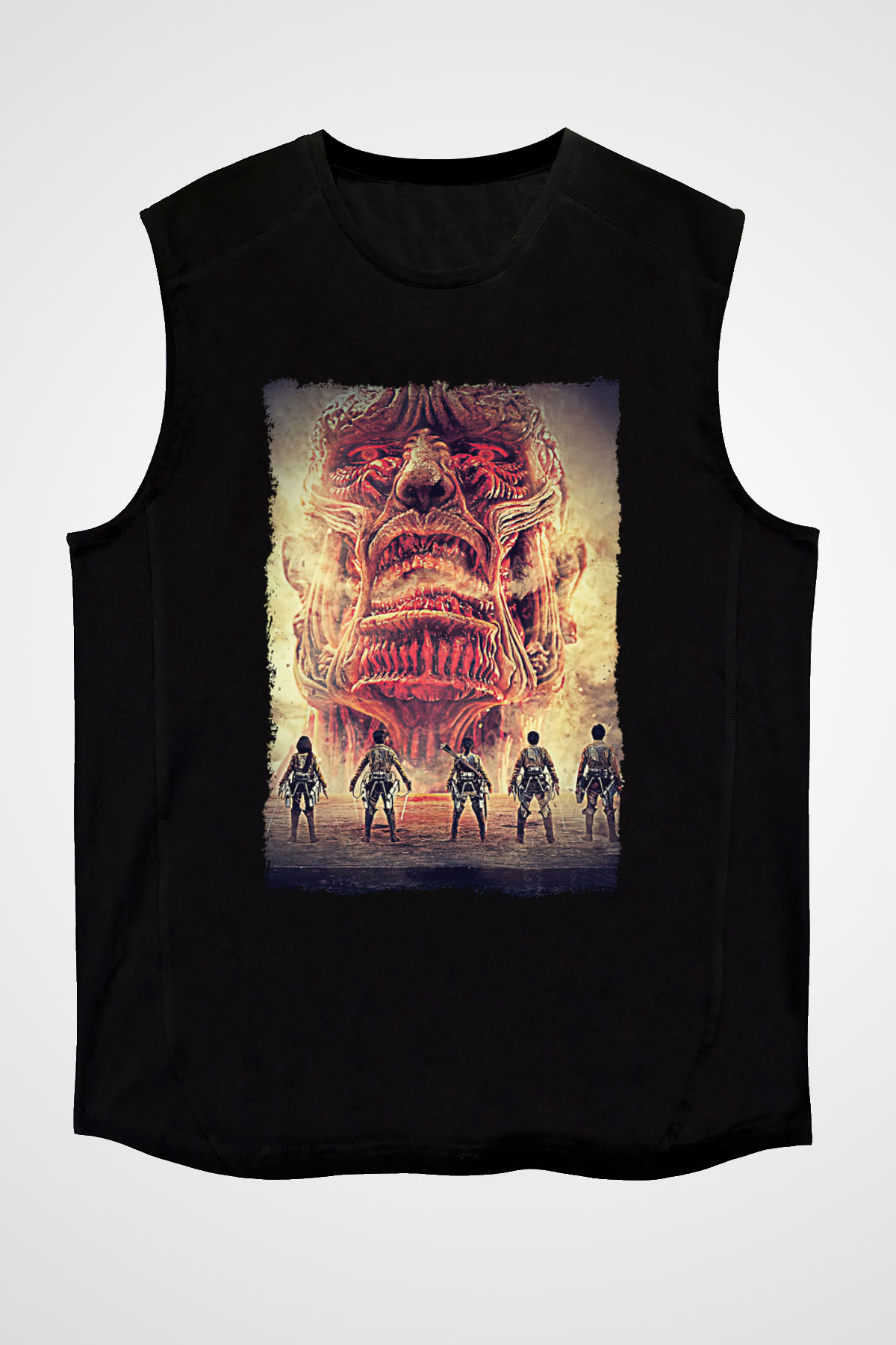 Attack On Titan Baskılı Unisex Siyah Kolsuz Tişört - Tshirt
