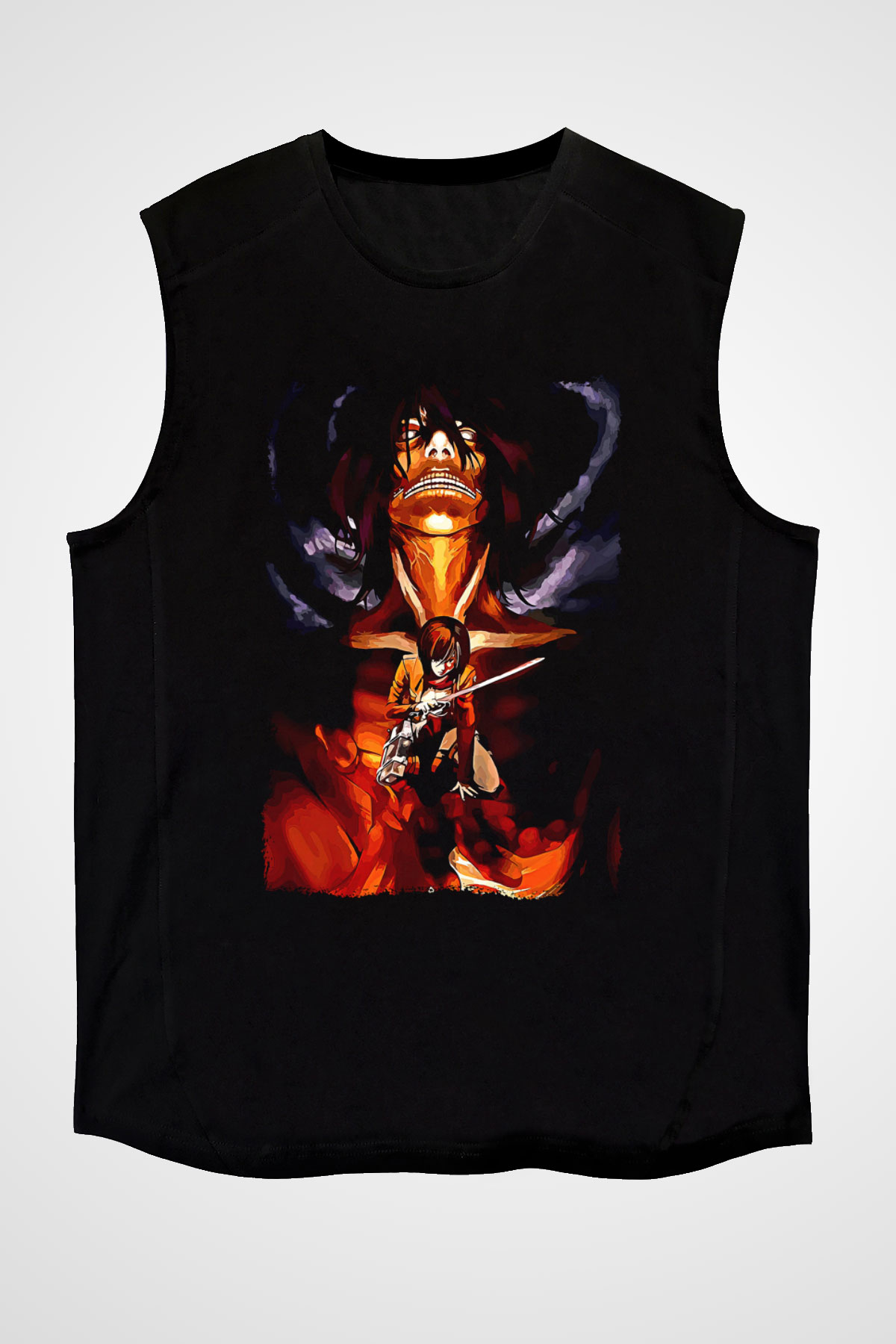 Attack On Titan Baskılı Unisex Siyah Kolsuz Tişört - Tshirt