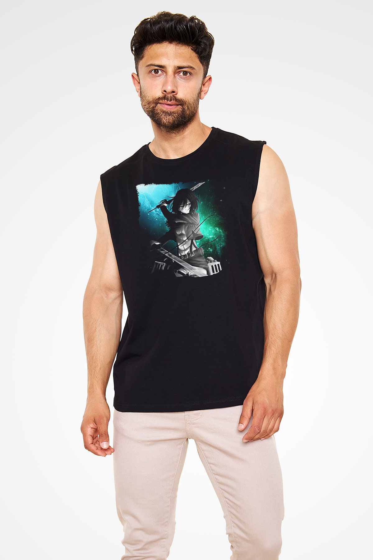 Attack On Titan Baskılı Unisex Siyah Kolsuz Tişört - Tshirt