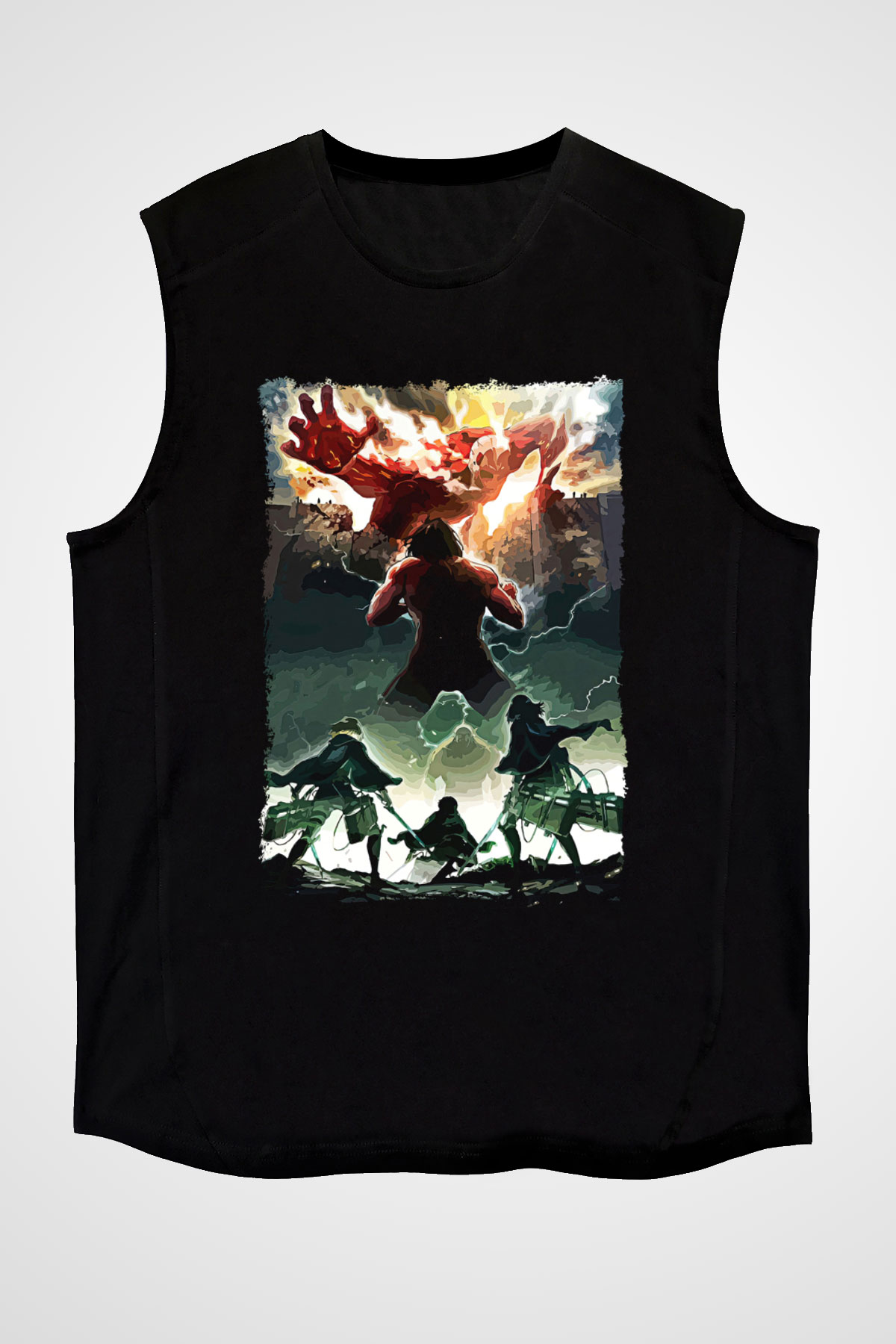 Attack On Titan Baskılı Unisex Siyah Kolsuz Tişört - Tshirt