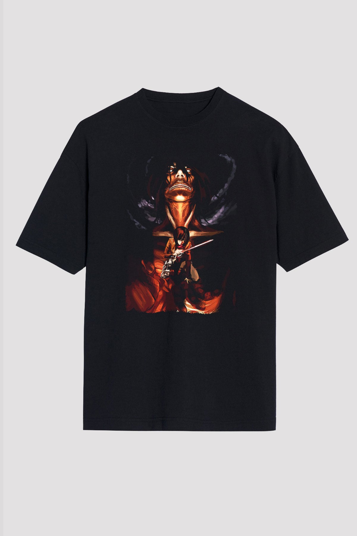 Attack On Titan Baskılı Unisex Siyah Oversize Tişört - Tshirt