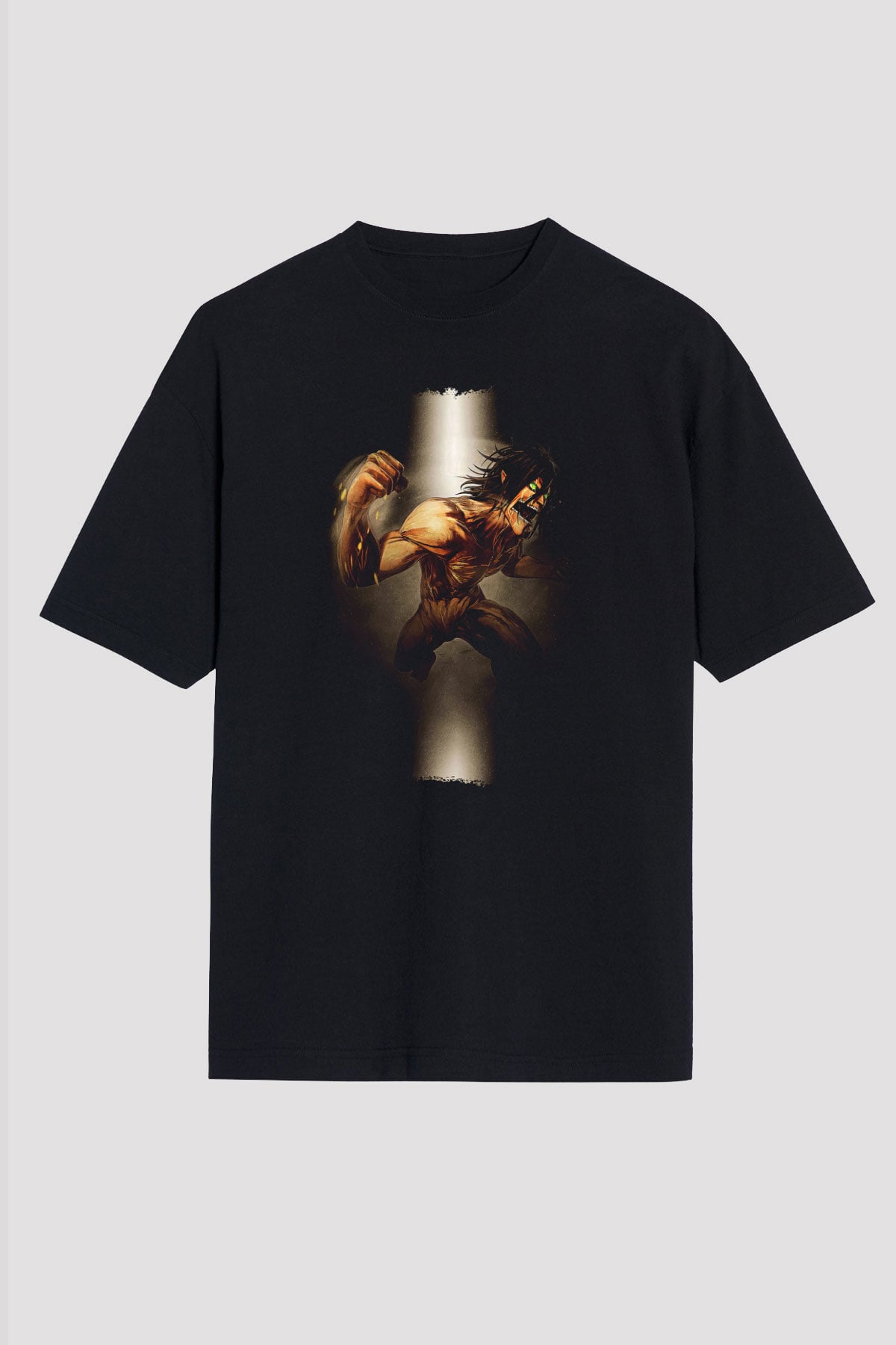 Attack On Titan Baskılı Unisex Siyah Oversize Tişört - Tshirt