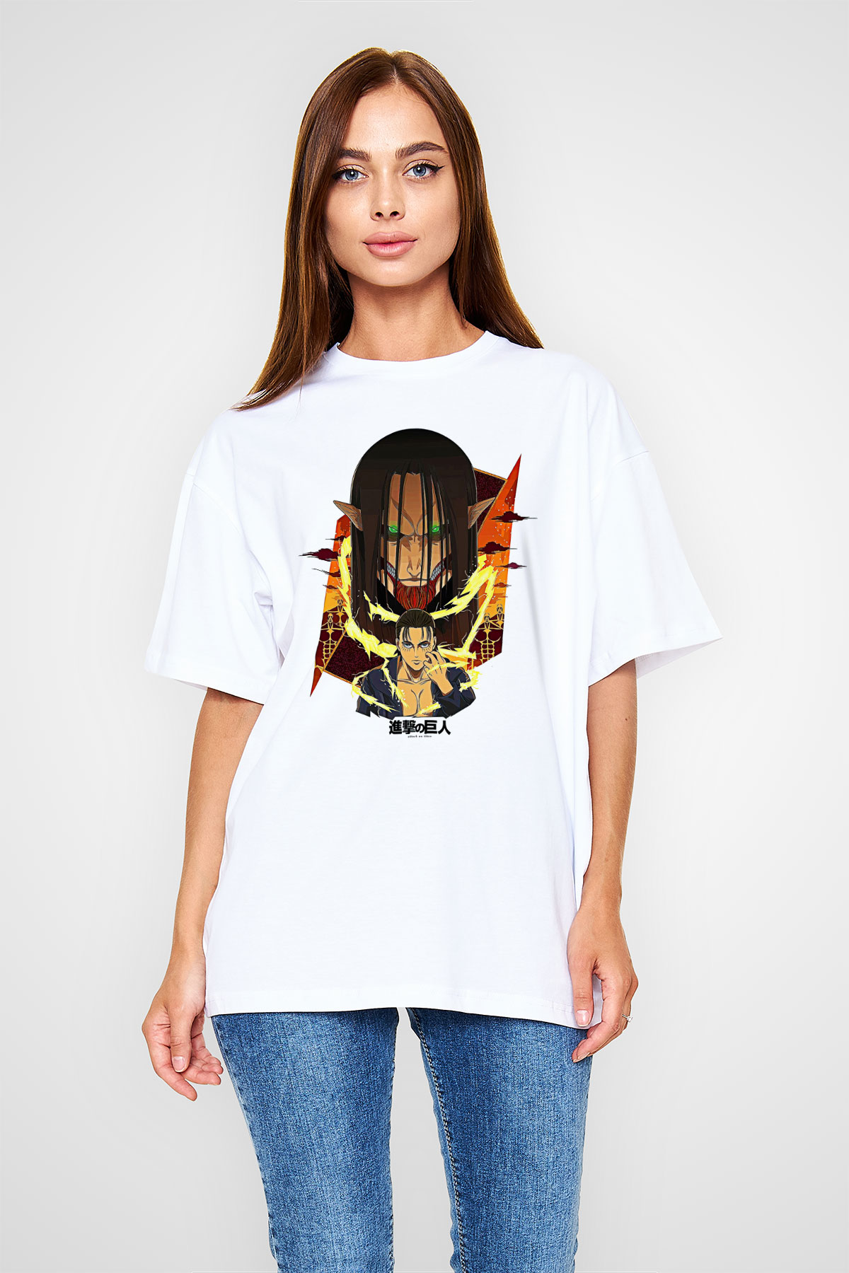 Attack On Titan Baskılı Unisex Siyah Oversize Tişört - Tshirt