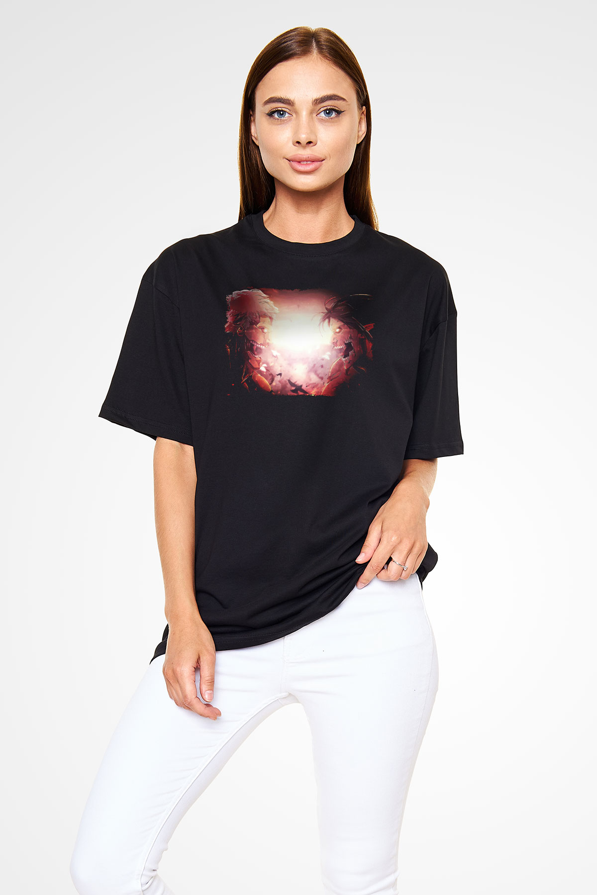 Attack On Titan Baskılı Unisex Siyah Oversize Tişört - Tshirt