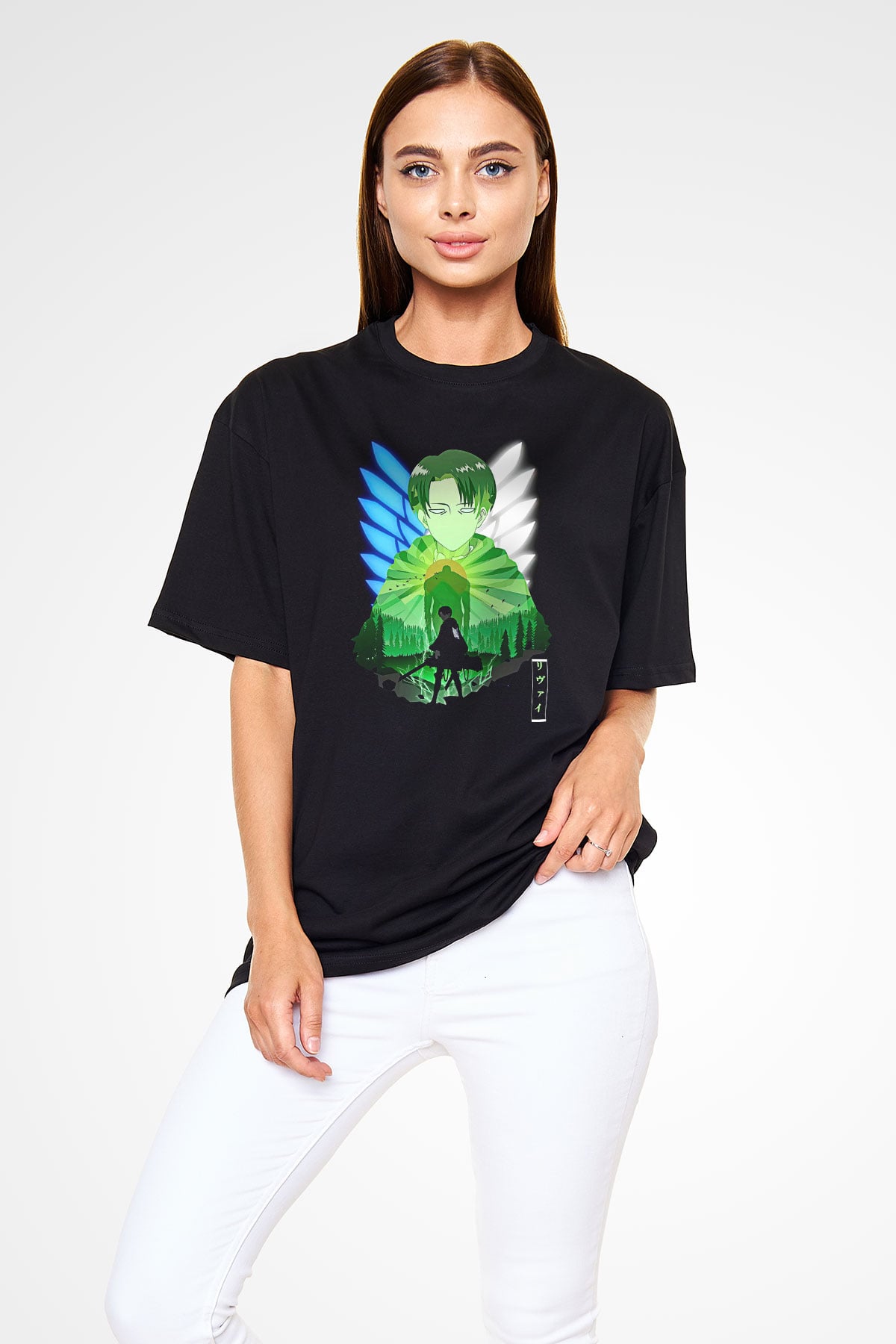 Attack On Titan Baskılı Unisex Siyah Oversize Tişört - Tshirt