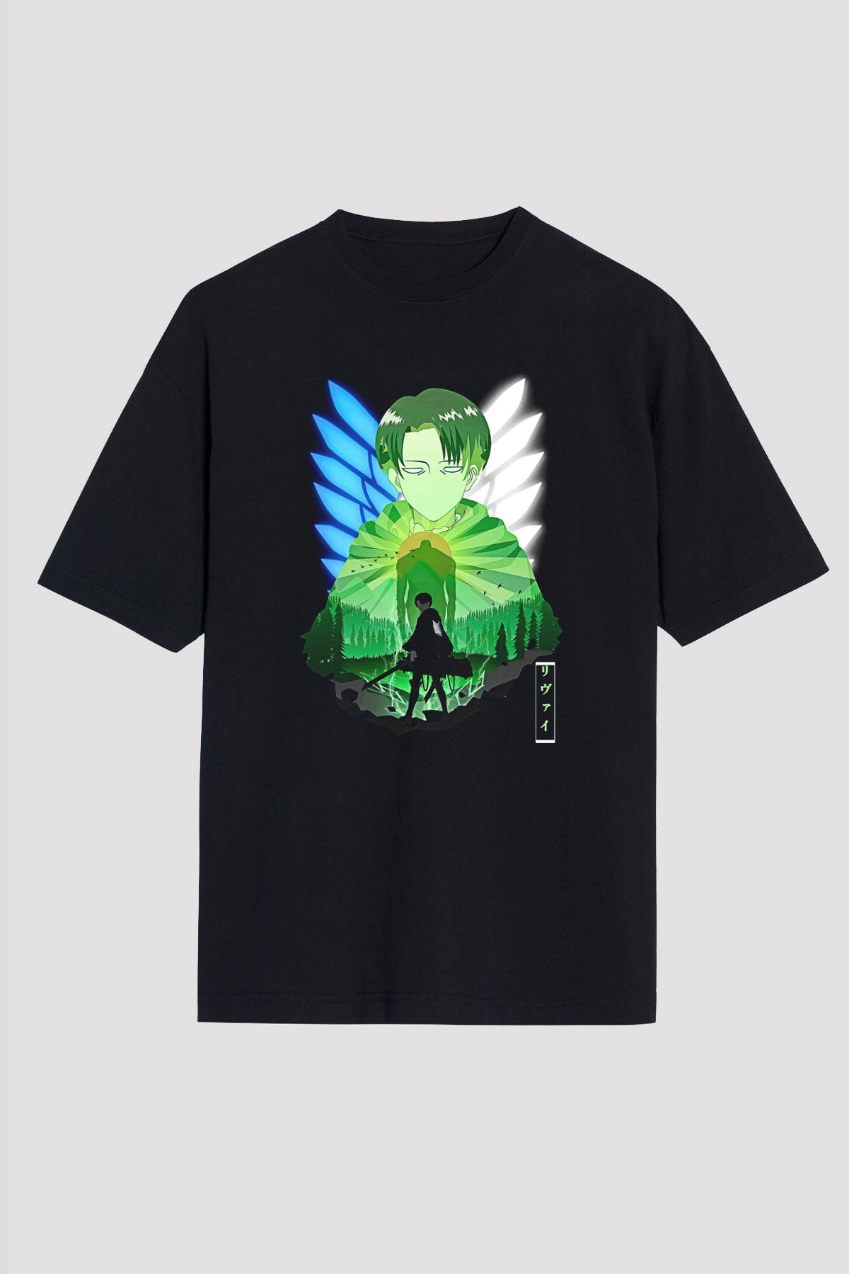 Attack On Titan Baskılı Unisex Siyah Oversize Tişört - Tshirt