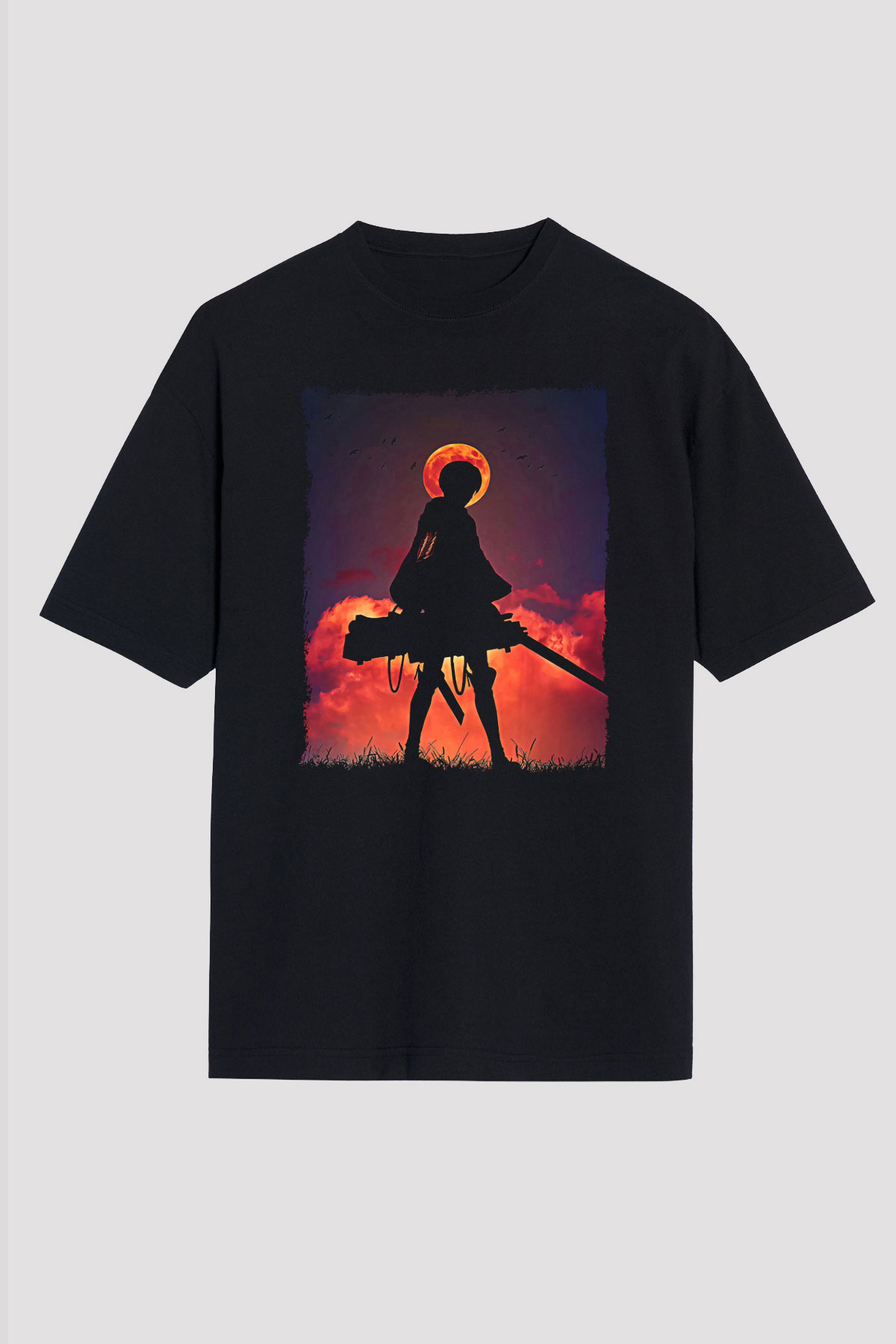 Attack On Titan Baskılı Unisex Siyah Oversize Tişört - Tshirt