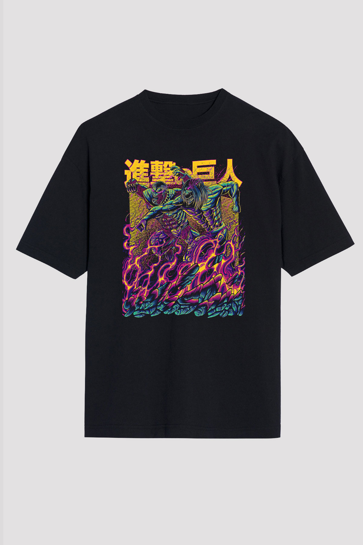Attack On Titan Baskılı Unisex Siyah Oversize Tişört - Tshirt