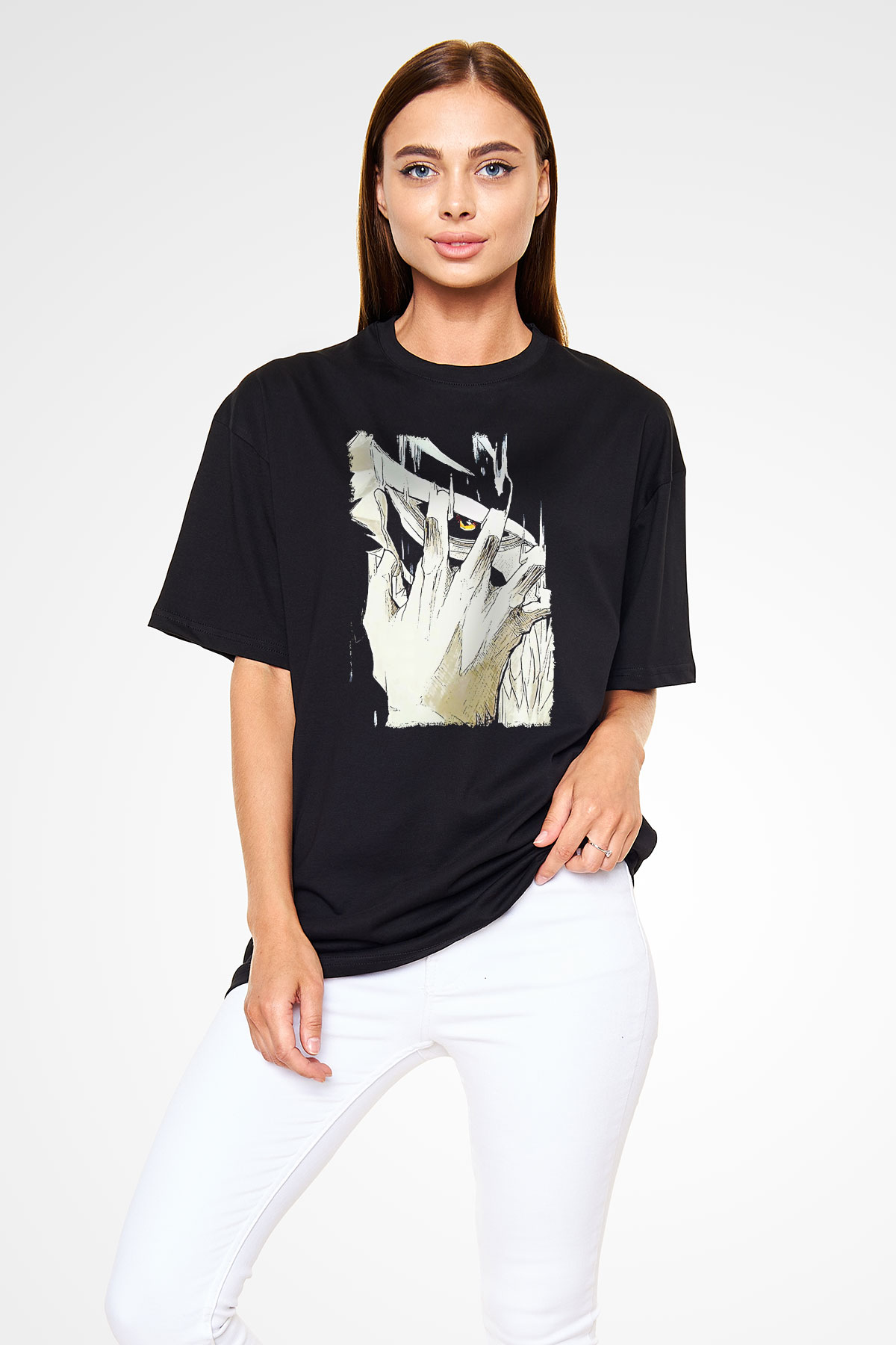 Attack On Titan Baskılı Unisex Siyah Oversize Tişört - Tshirt