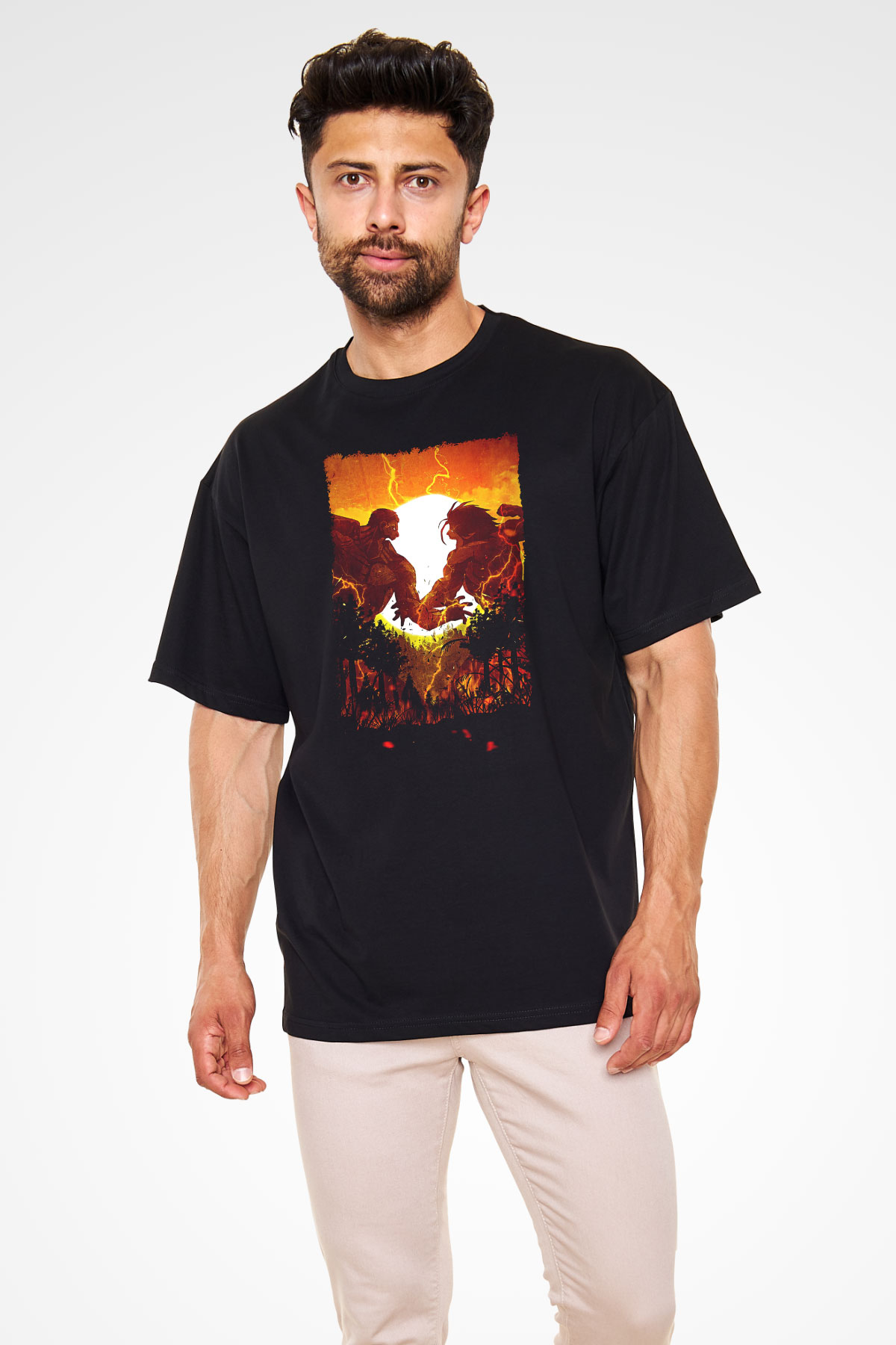 Attack On Titan Baskılı Unisex Siyah Oversize Tişört - Tshirt