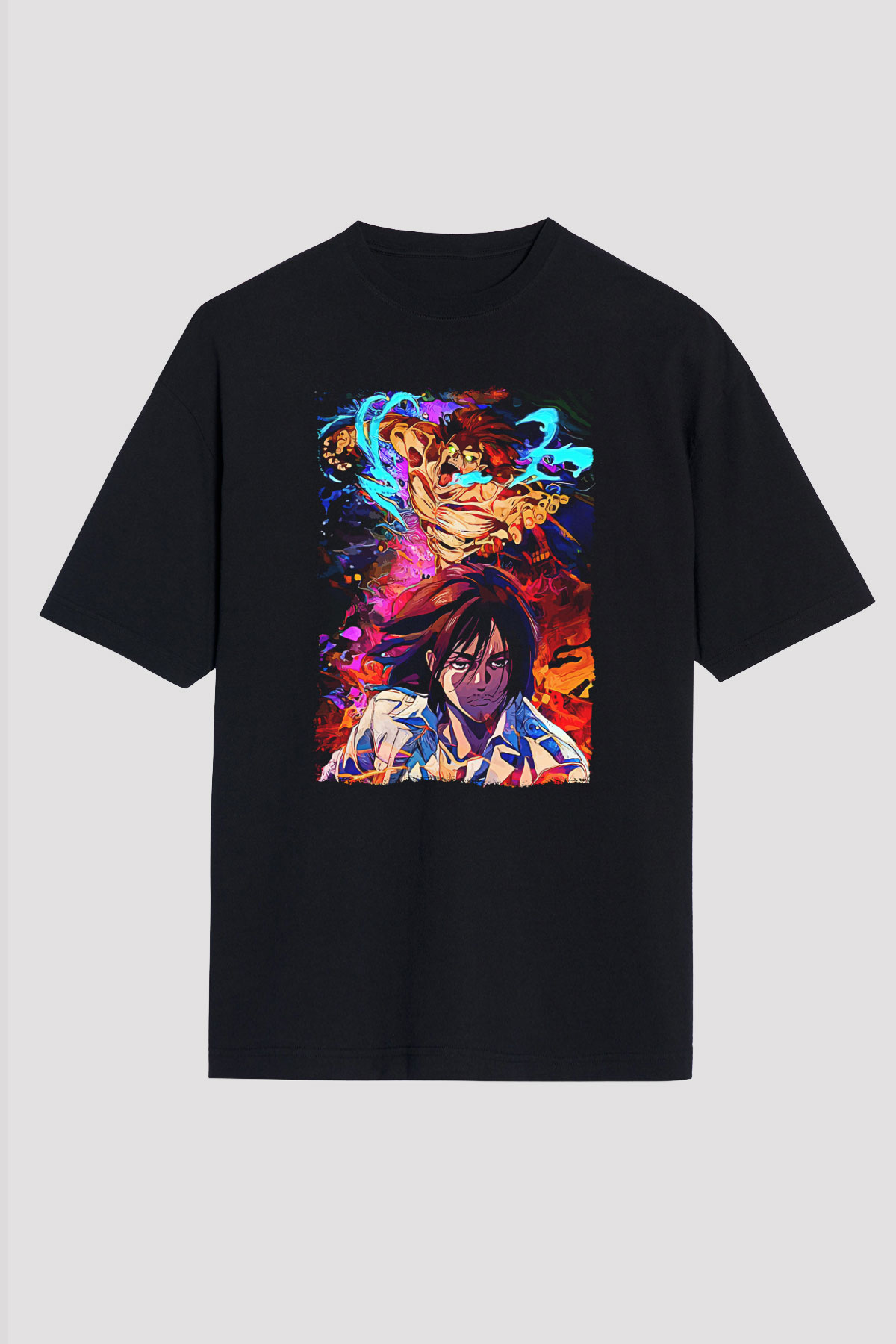 Attack On Titan Baskılı Unisex Siyah Oversize Tişört - Tshirt