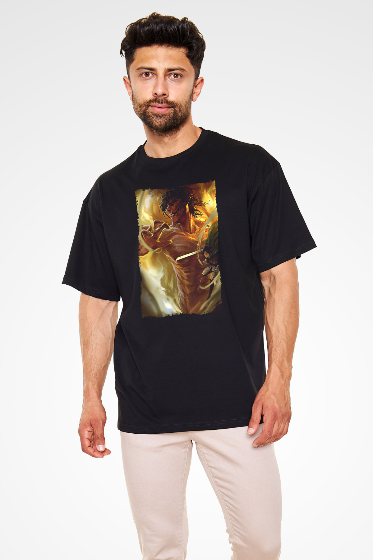 Attack On Titan Baskılı Unisex Siyah Oversize Tişört - Tshirt