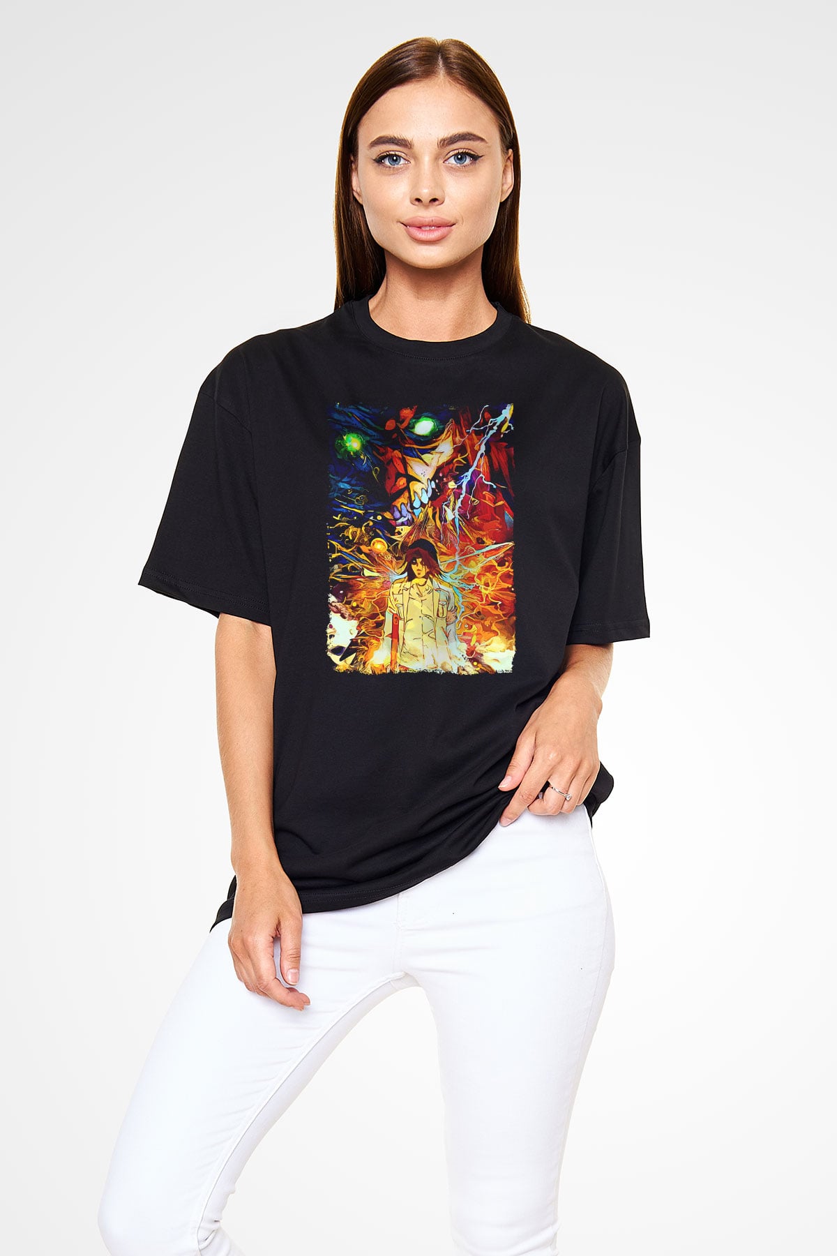 Attack On Titan Baskılı Unisex Siyah Oversize Tişört - Tshirt