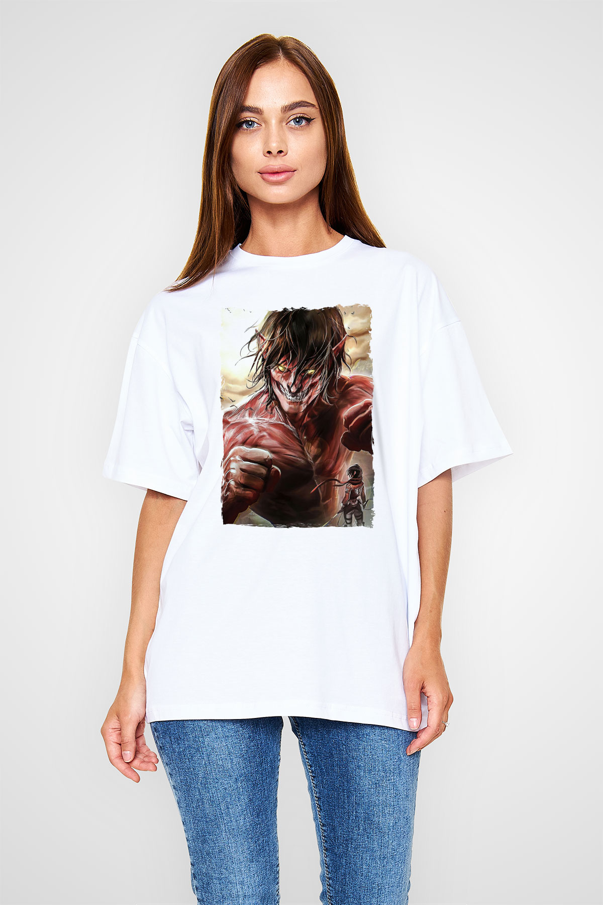 Attack On Titan Baskılı Unisex Siyah Oversize Tişört - Tshirt