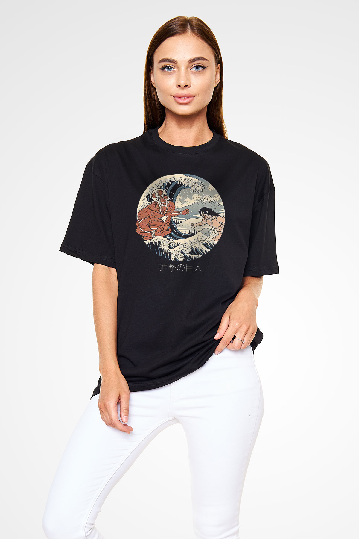 Attack On Titan Baskılı Unisex Siyah Oversize Tişört - Tshirt