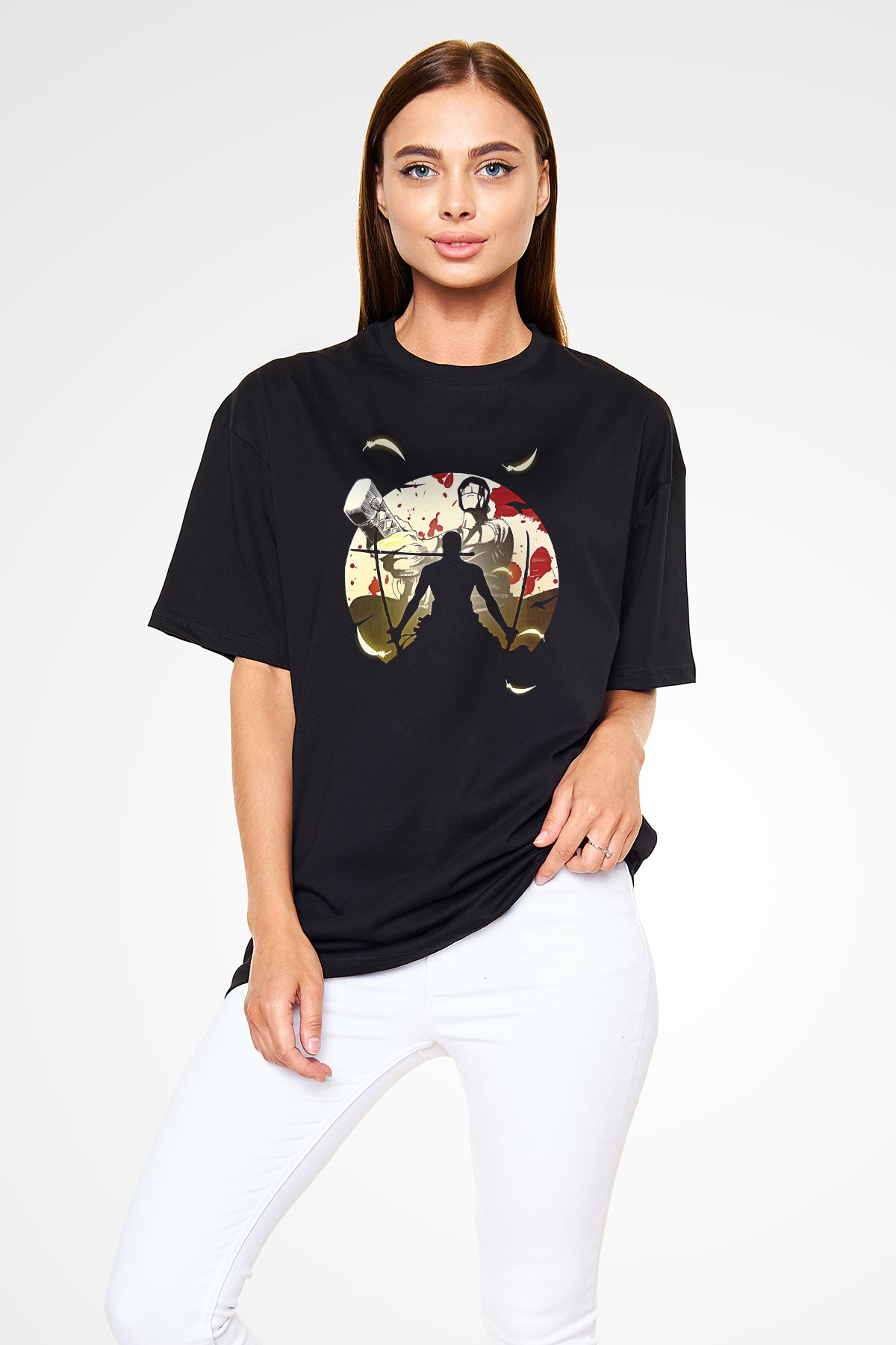 Attack On Titan Baskılı Unisex Siyah Oversize Tişört - Tshirt