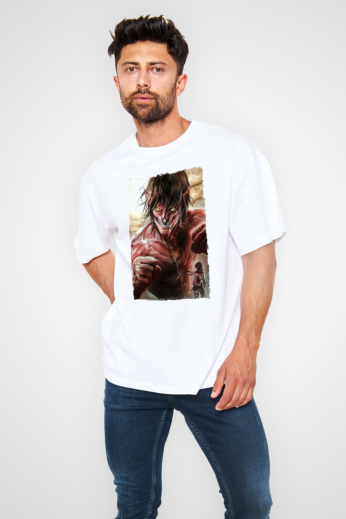 Attack On Titan Baskılı Unisex Siyah Oversize Tişört - Tshirt