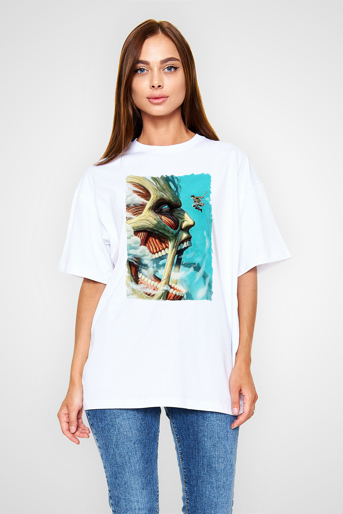 Attack On Titan Baskılı Unisex Siyah Oversize Tişört - Tshirt