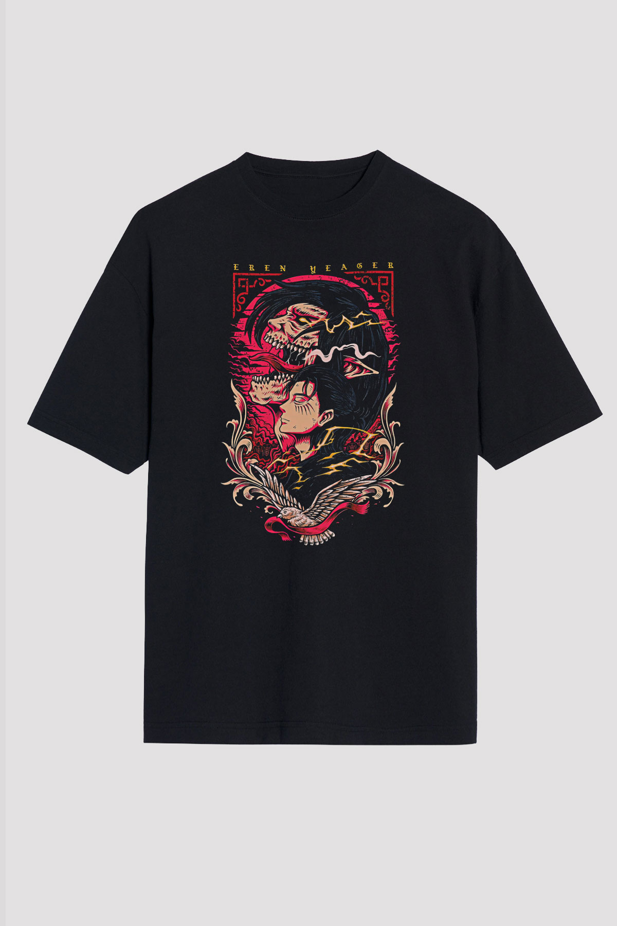 Attack On Titan Baskılı Unisex Siyah Oversize Tişört - Tshirt