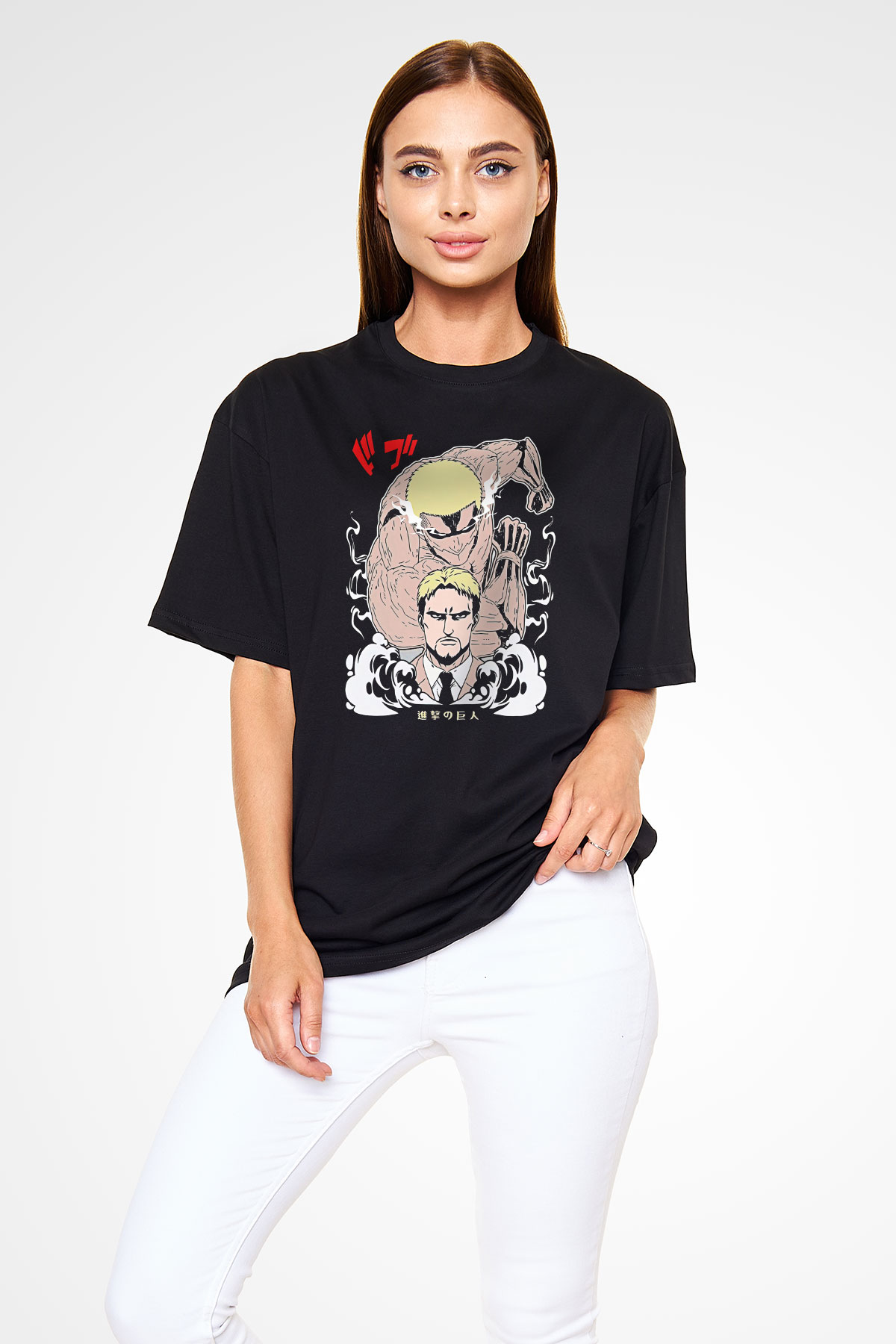 Attack On Titan Baskılı Unisex Siyah Oversize Tişört - Tshirt