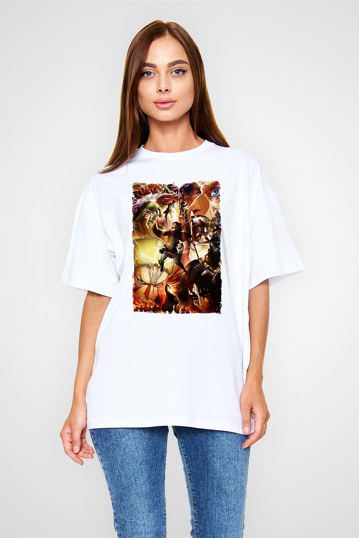 Attack On Titan Baskılı Unisex Siyah Oversize Tişört - Tshirt