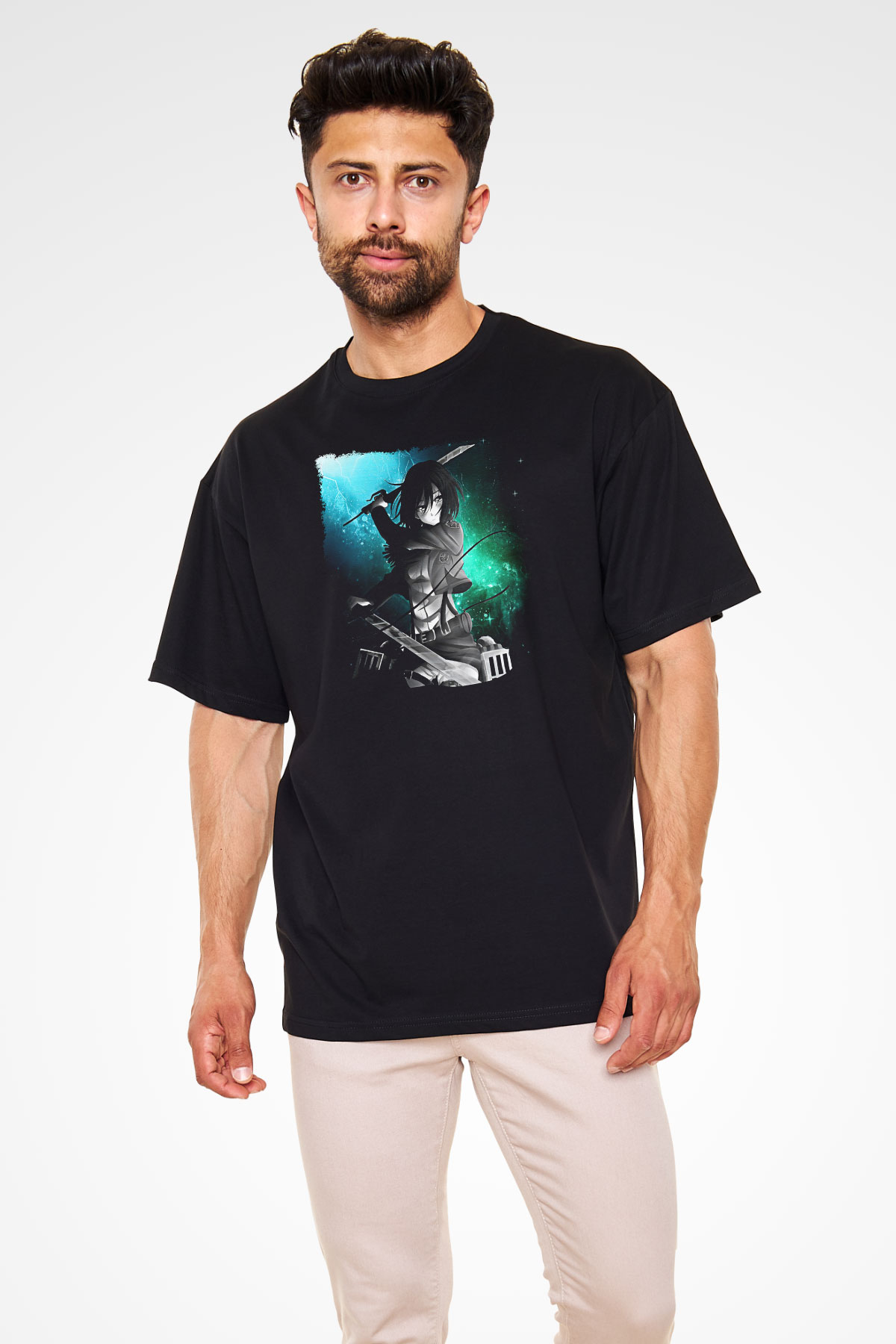 Attack On Titan Baskılı Unisex Siyah Oversize Tişört - Tshirt