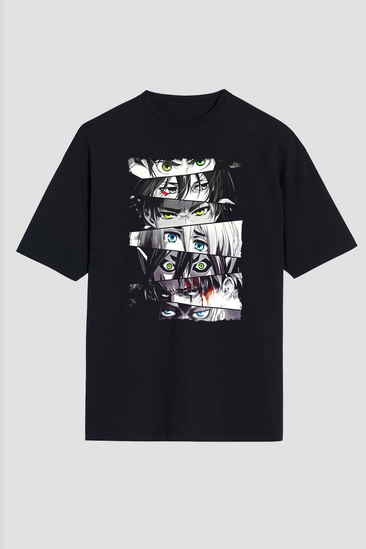 Attack On Titan Baskılı Unisex Siyah Oversize Tişört - Tshirt