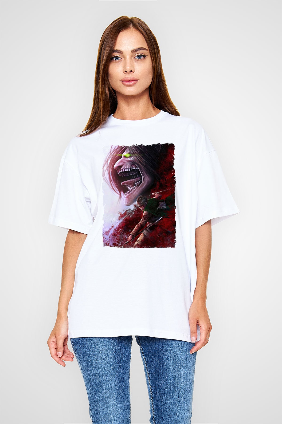 Attack On Titan Baskılı Unisex Siyah Oversize Tişört - Tshirt