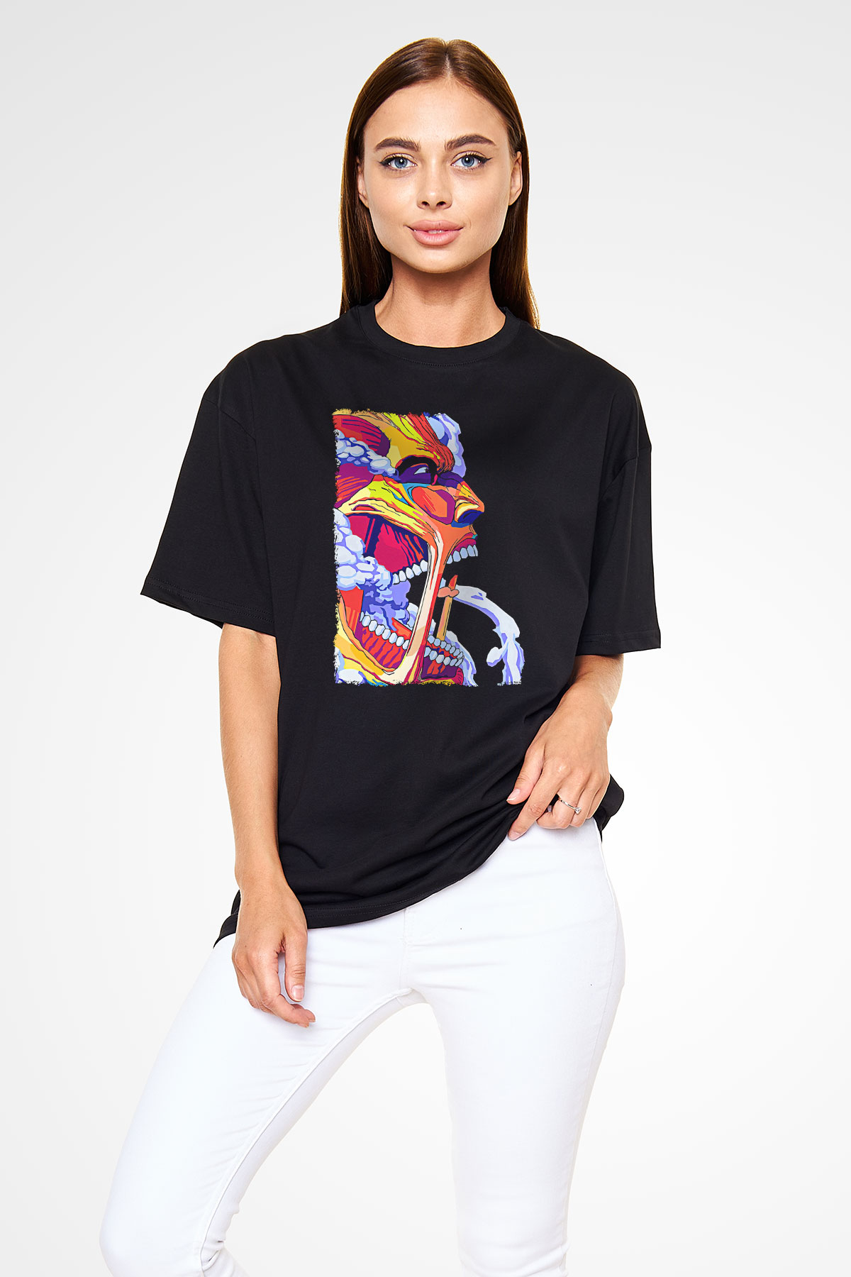 Attack On Titan Baskılı Unisex Siyah Oversize Tişört - Tshirt