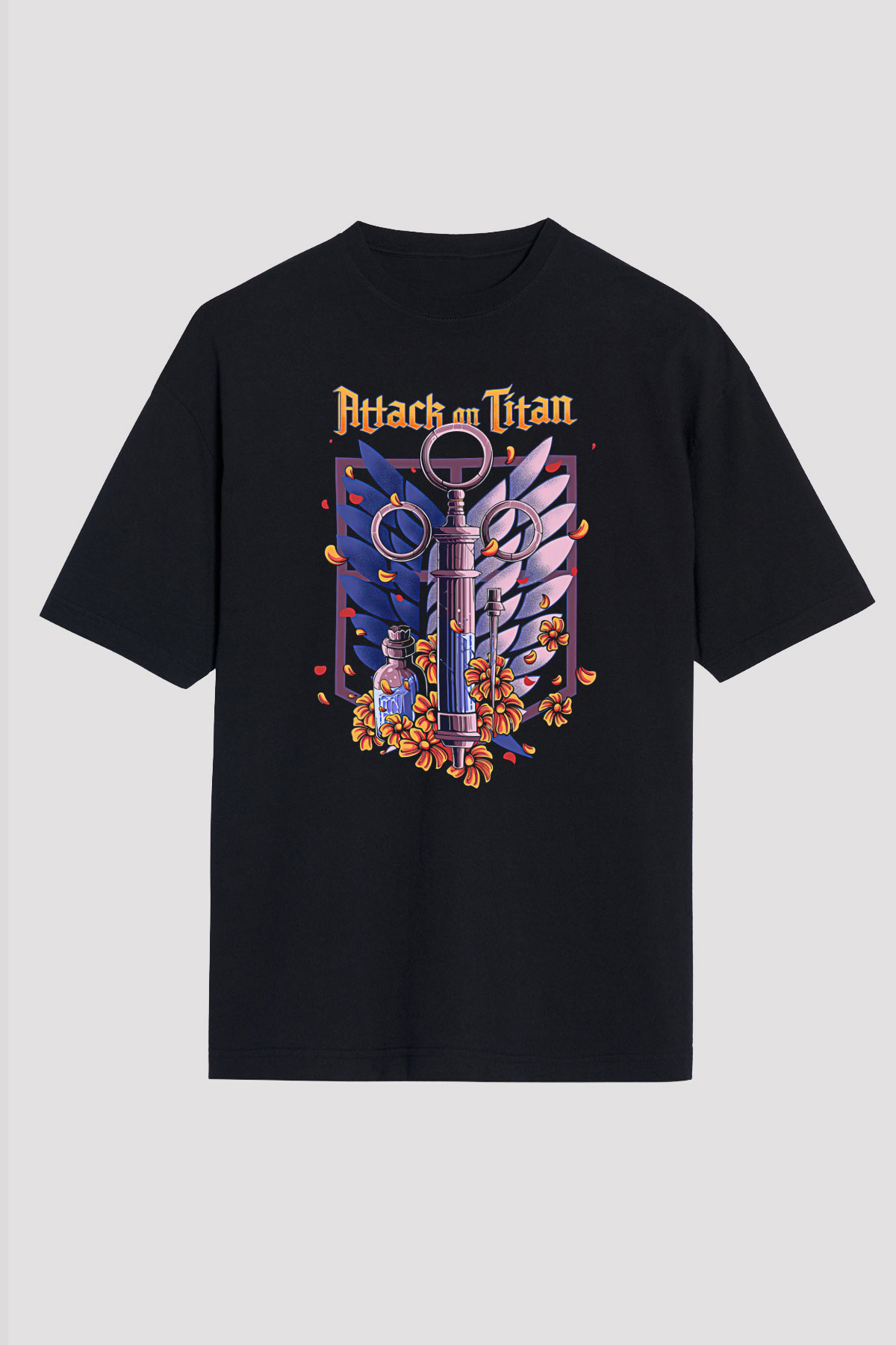 Attack On Titan Baskılı Unisex Siyah Oversize Tişört - Tshirt