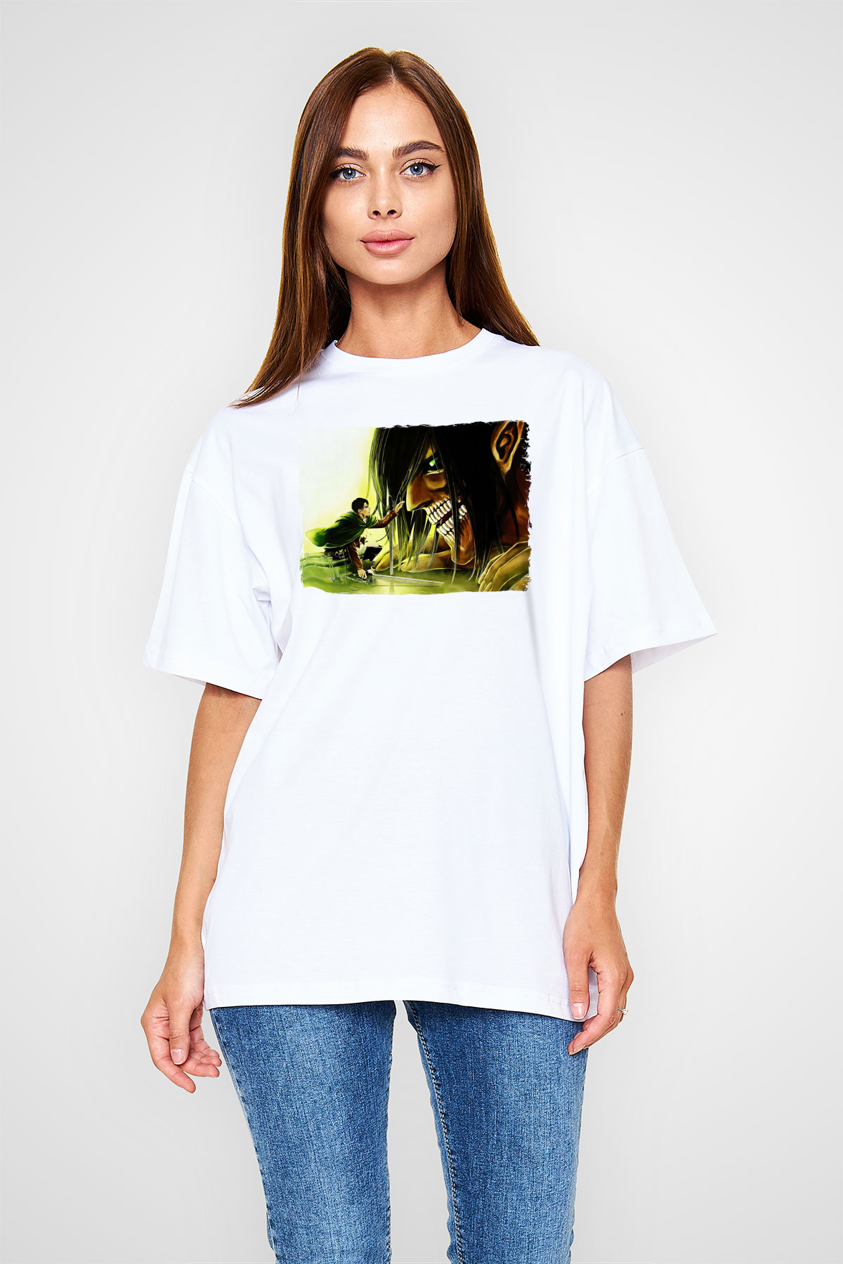 Attack On Titan Baskılı Unisex Siyah Oversize Tişört - Tshirt