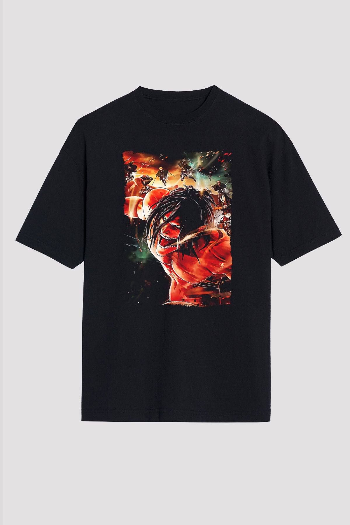 Attack On Titan Baskılı Unisex Siyah Oversize Tişört - Tshirt