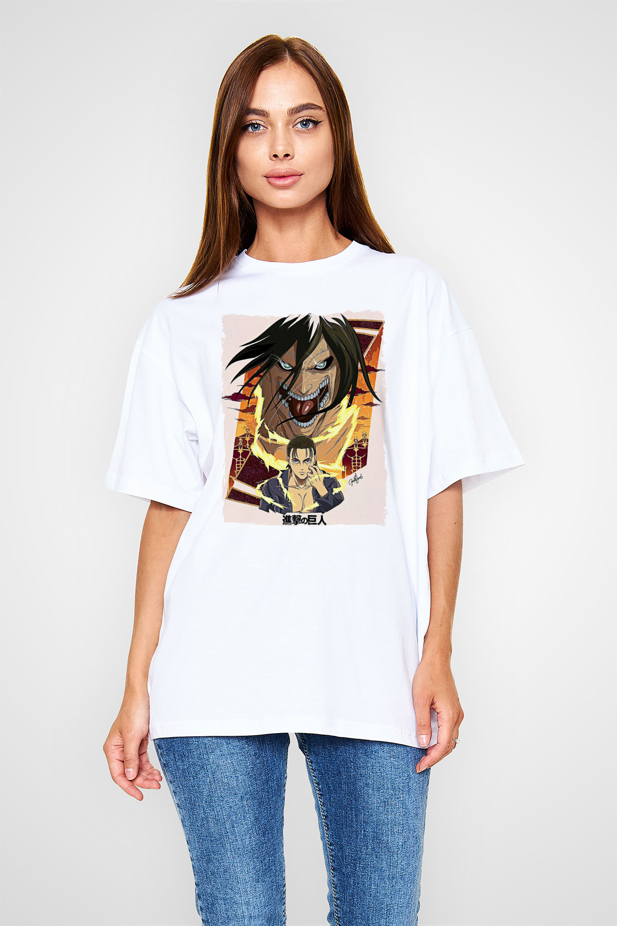Attack On Titan Baskılı Unisex Siyah Oversize Tişört - Tshirt