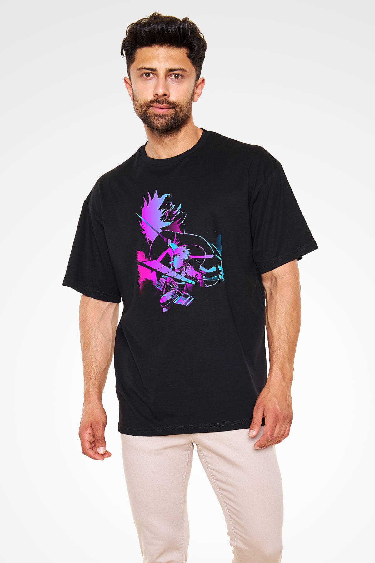 Attack On Titan Baskılı Unisex Siyah Oversize Tişört - Tshirt