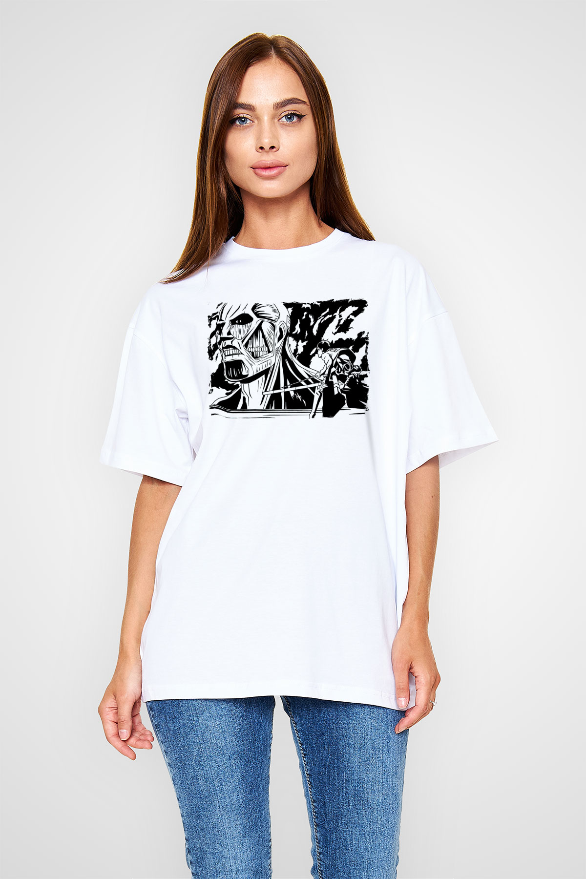 Attack On Titan Baskılı Unisex Siyah Oversize Tişört - Tshirt
