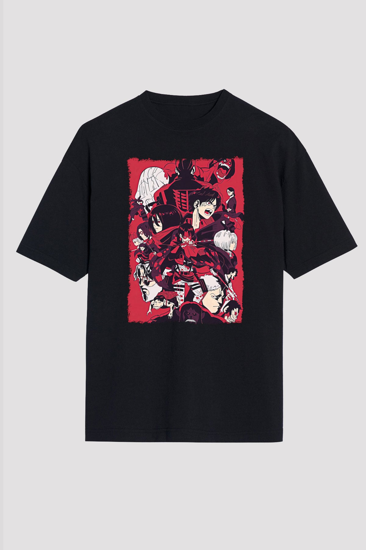 Attack On Titan Baskılı Unisex Siyah Oversize Tişört - Tshirt