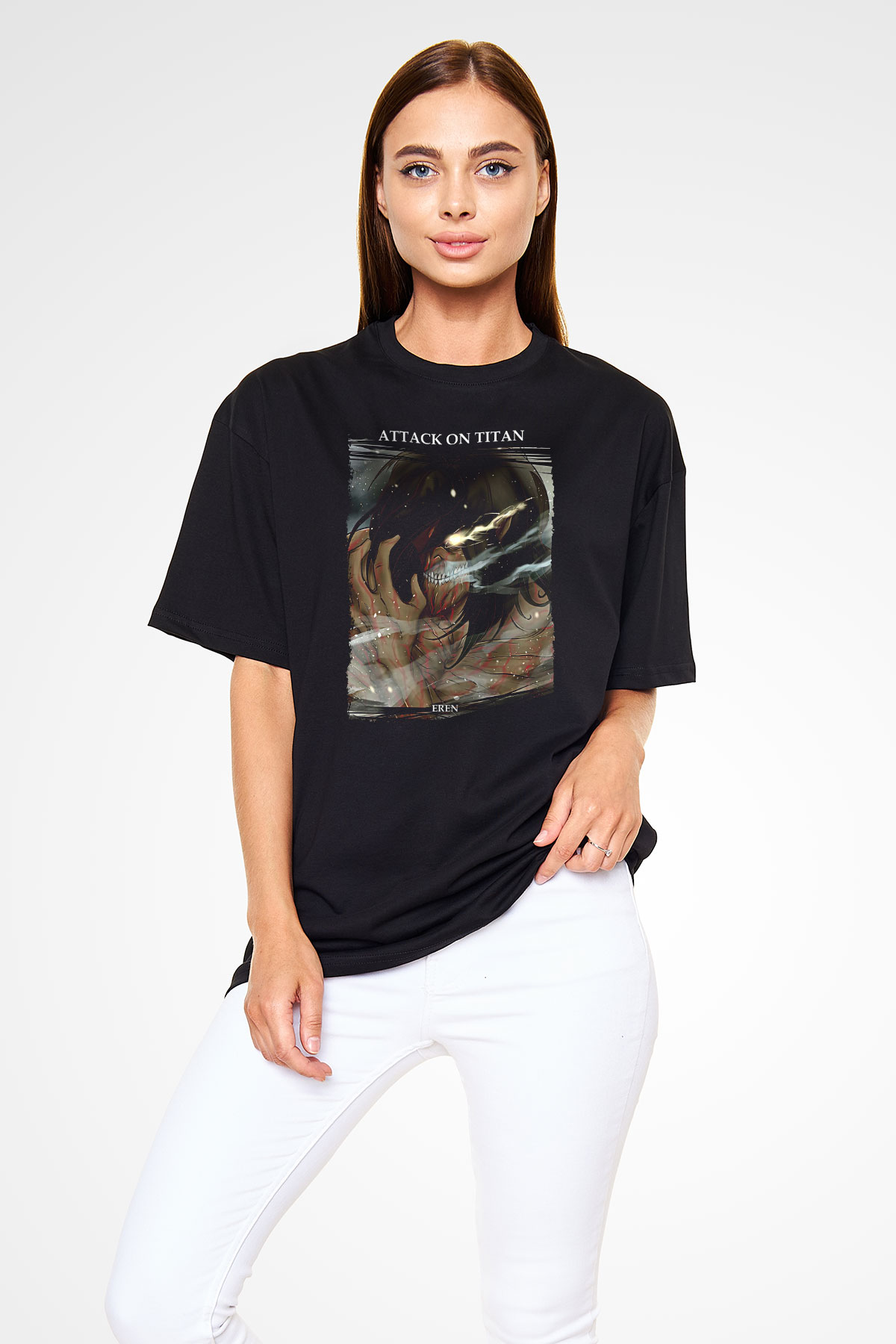Attack On Titan Baskılı Unisex Siyah Oversize Tişört - Tshirt