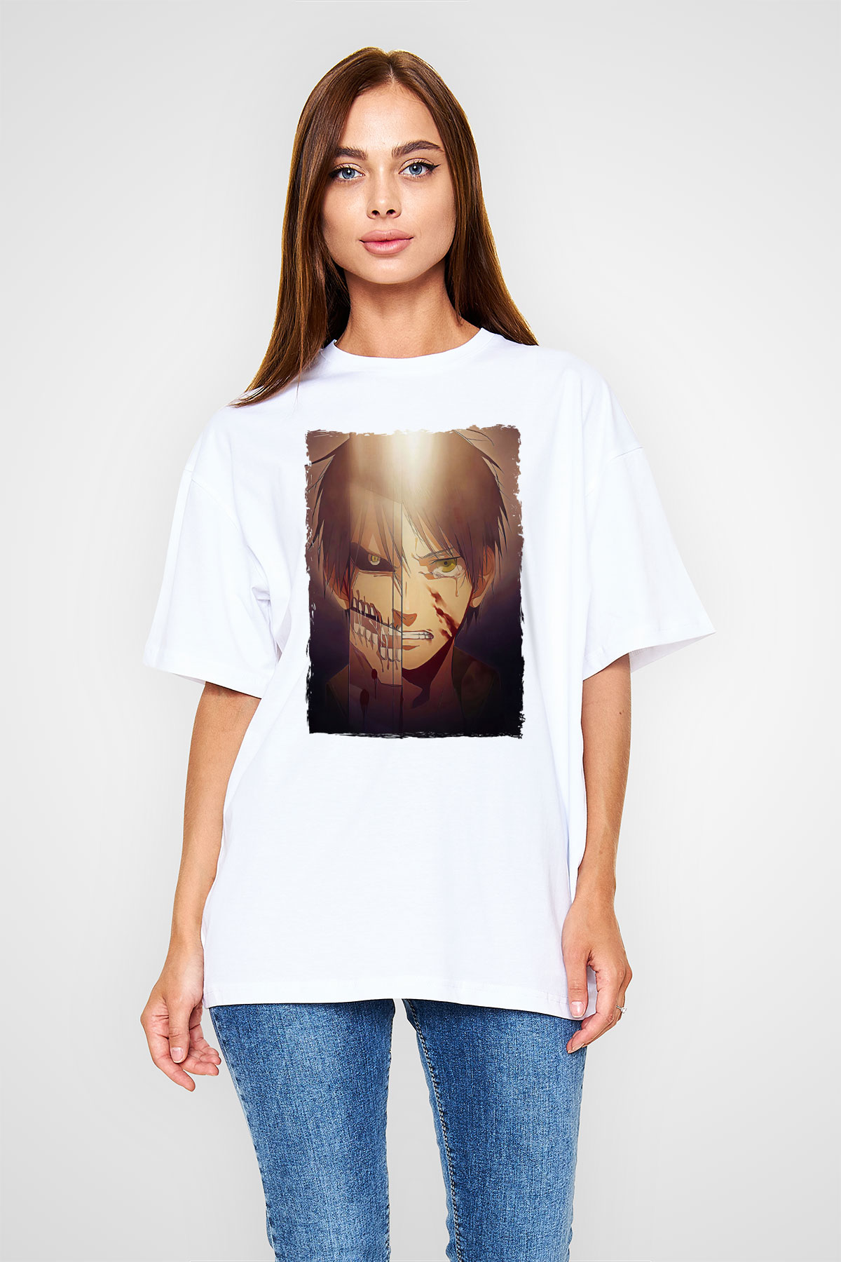 Attack On Titan Baskılı Unisex Siyah Oversize Tişört - Tshirt