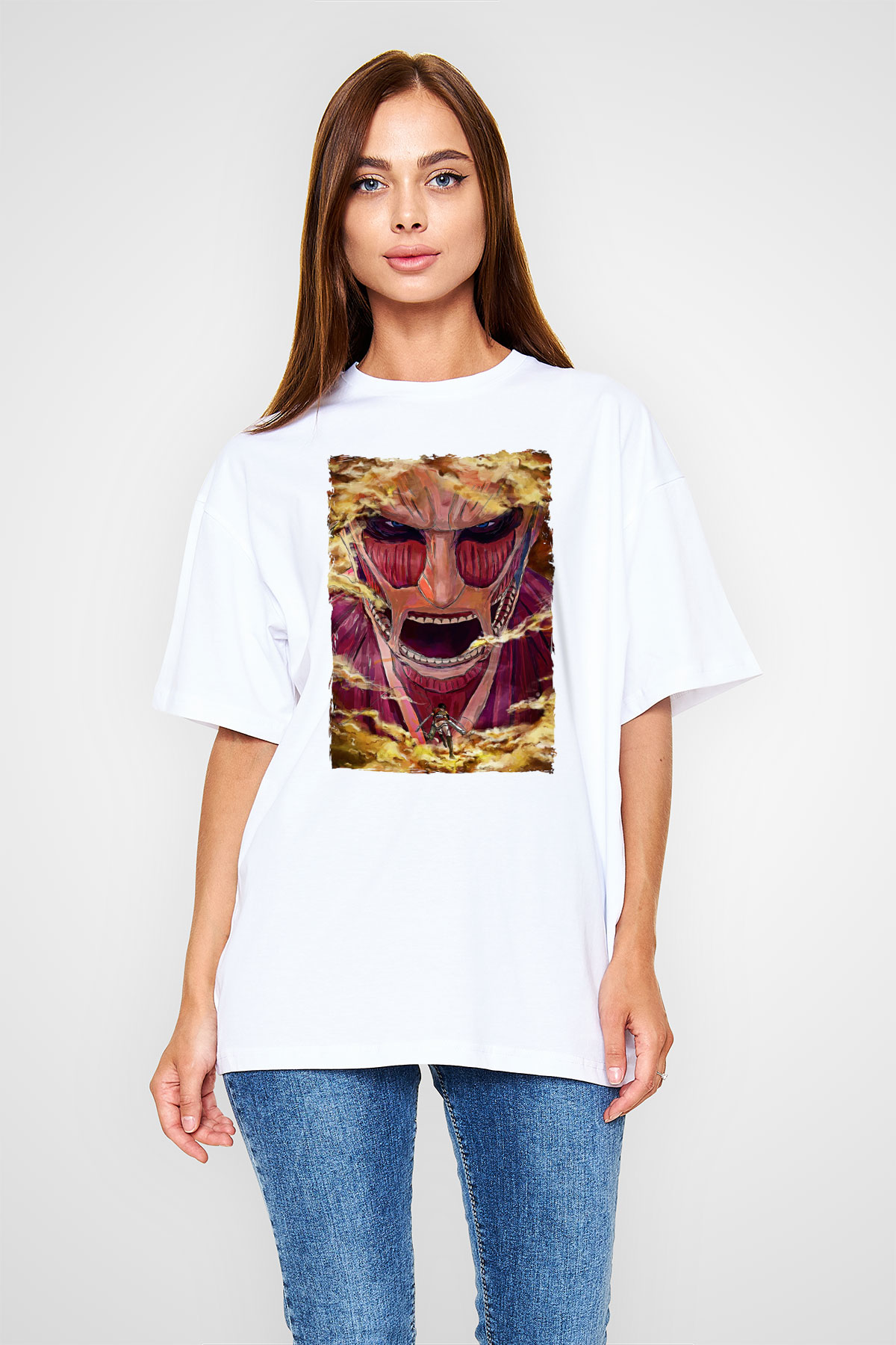 Attack On Titan Baskılı Unisex Siyah Oversize Tişört - Tshirt