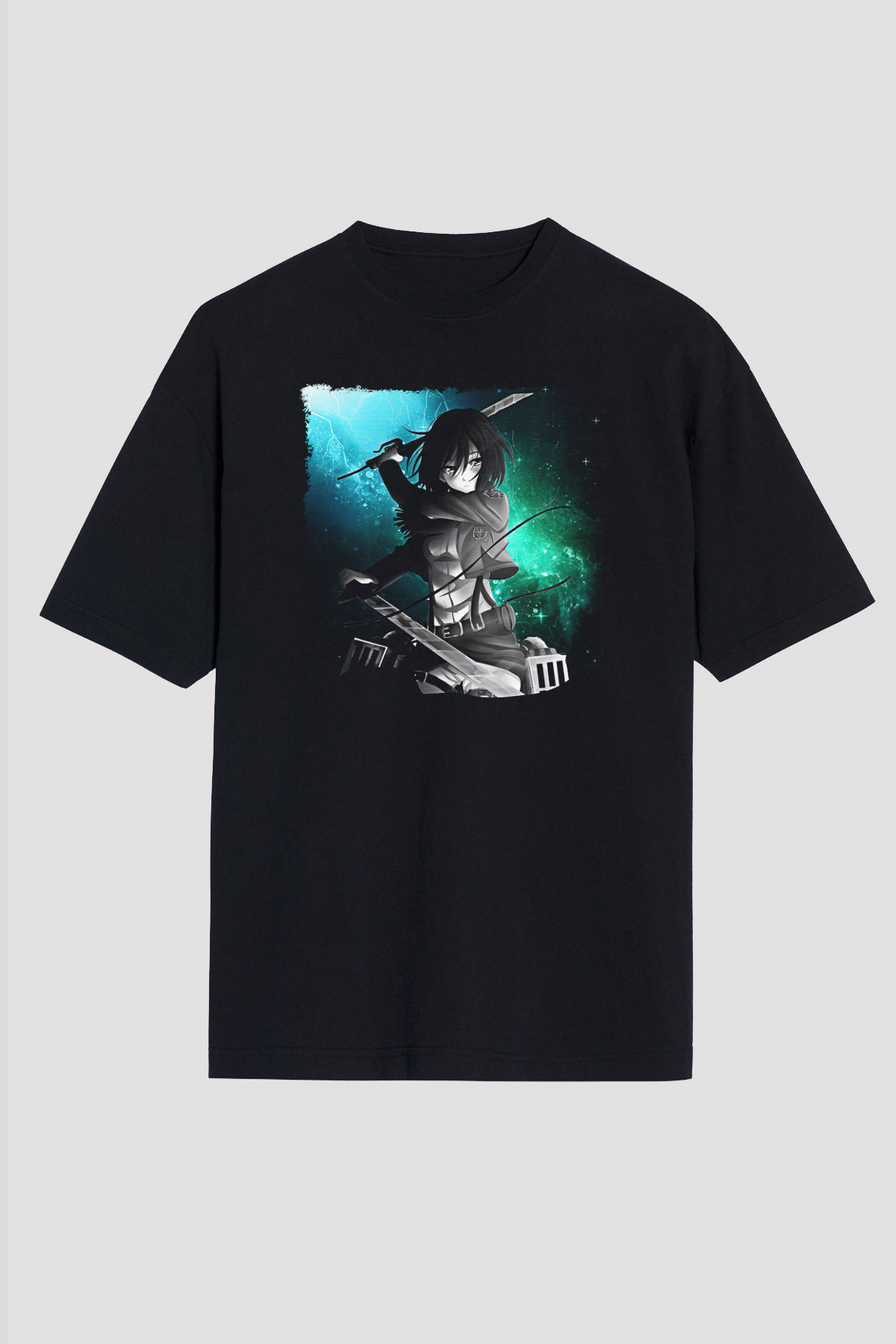 Attack On Titan Baskılı Unisex Siyah Oversize Tişört - Tshirt
