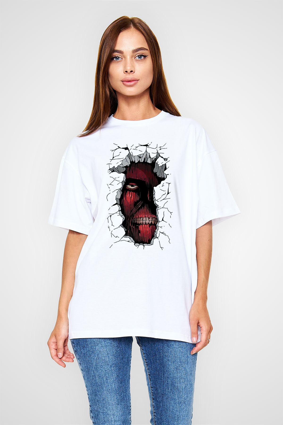 Attack On Titan Baskılı Unisex Siyah Oversize Tişört - Tshirt