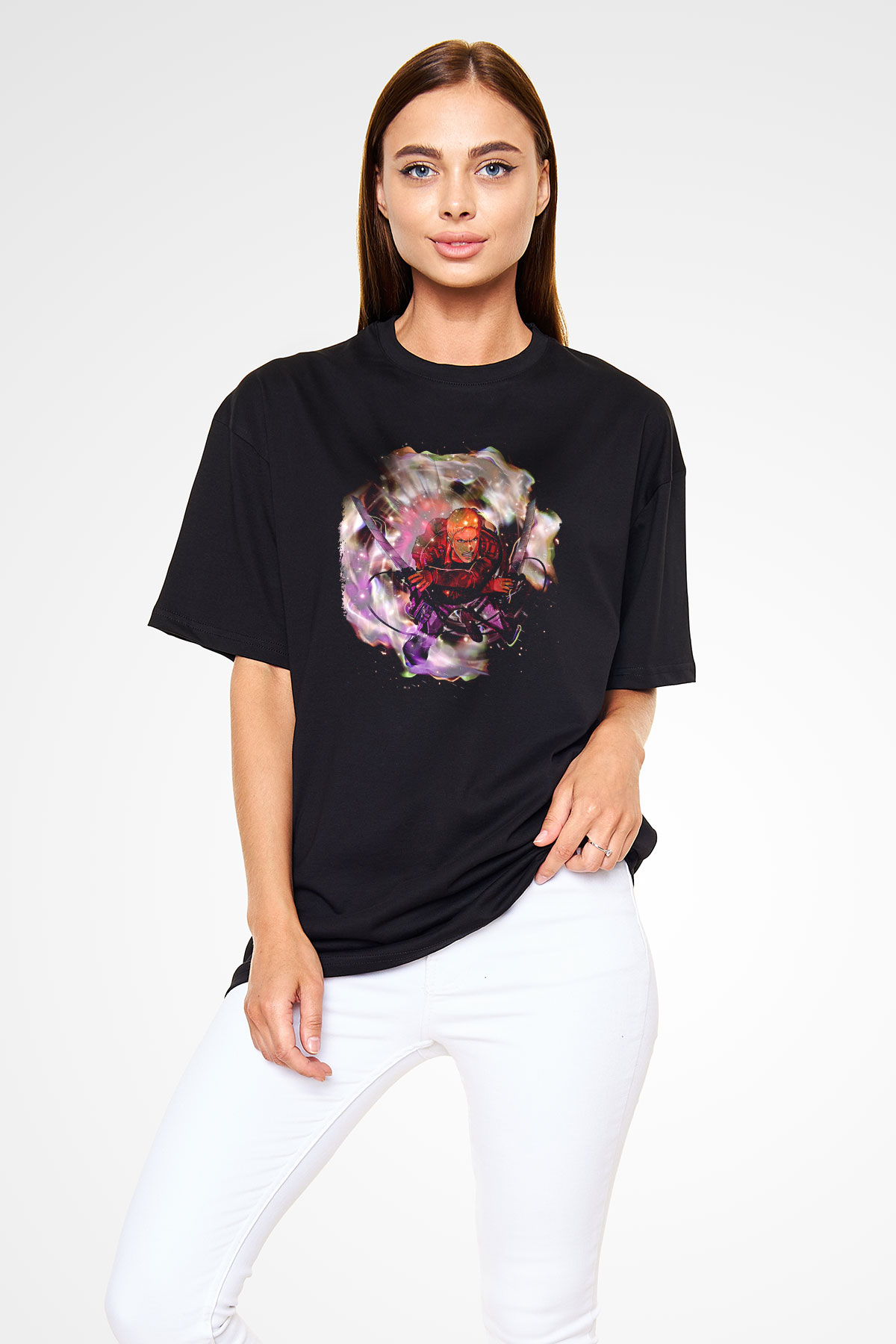 Attack On Titan Baskılı Unisex Siyah Oversize Tişört - Tshirt