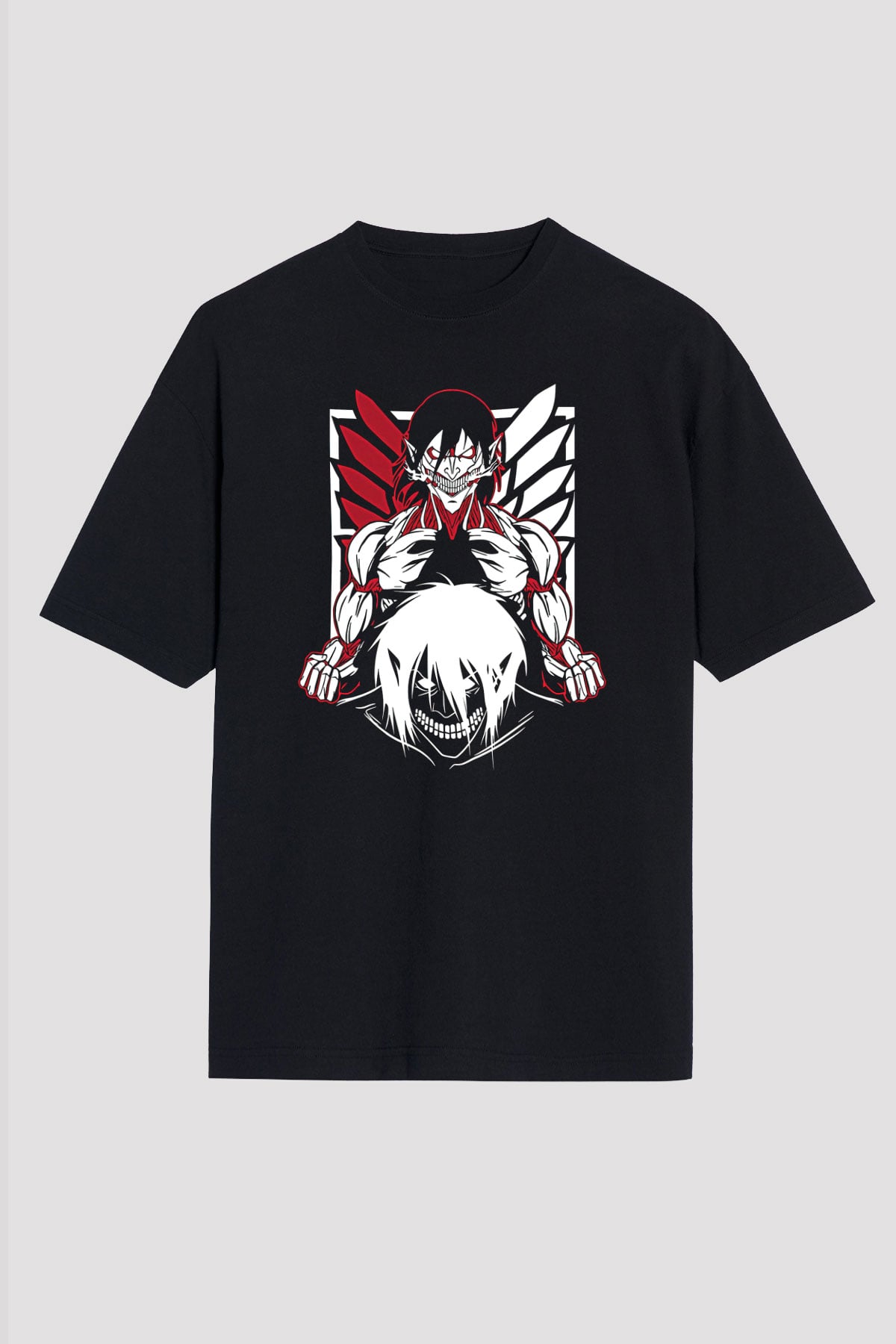 Attack On Titan Baskılı Unisex Siyah Oversize Tişört - Tshirt