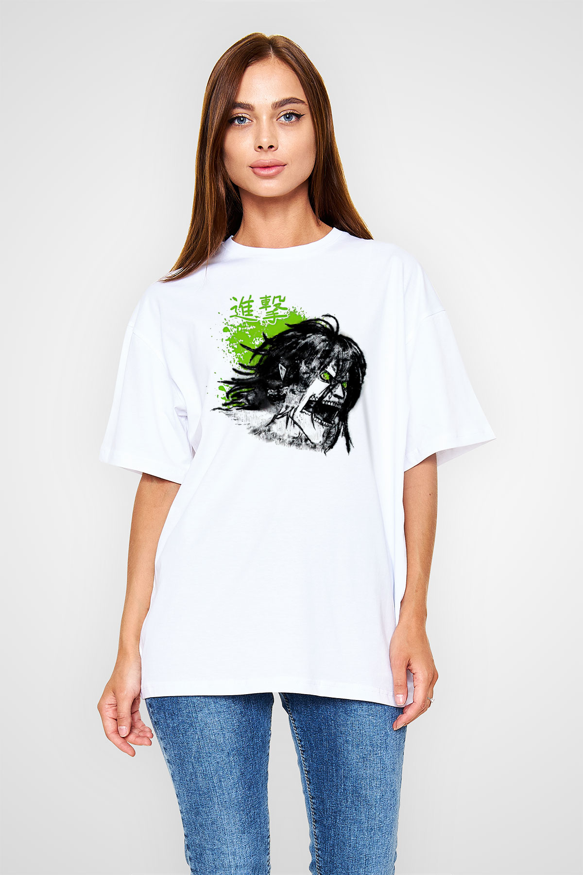 Attack On Titan Baskılı Unisex Siyah Oversize Tişört - Tshirt