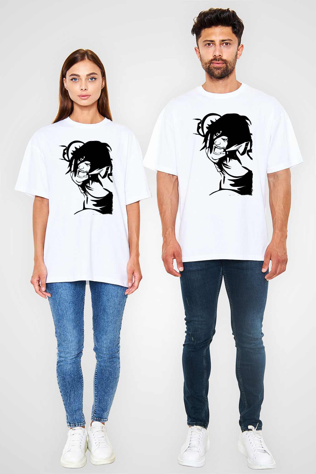 Attack On Titan Baskılı Unisex Siyah Oversize Tişört - Tshirt