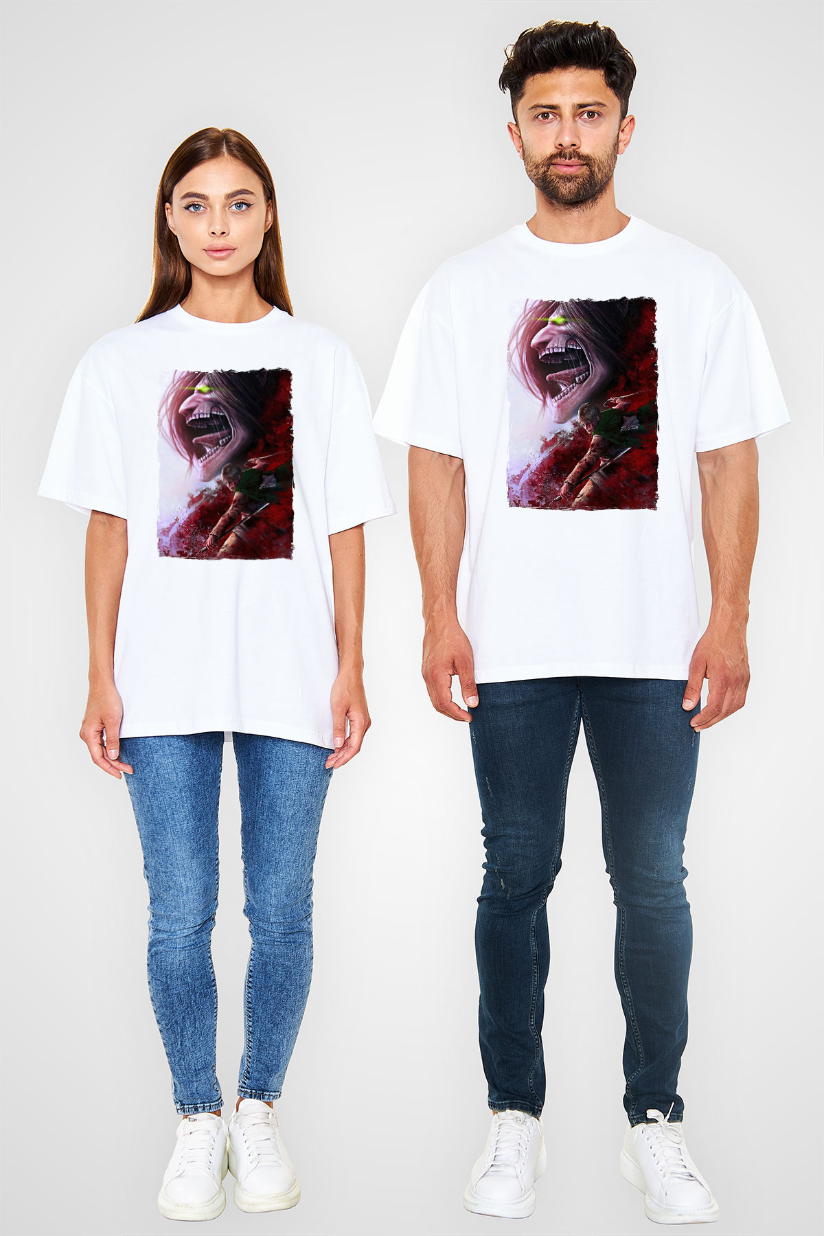 Attack On Titan Baskılı Unisex Siyah Oversize Tişört - Tshirt